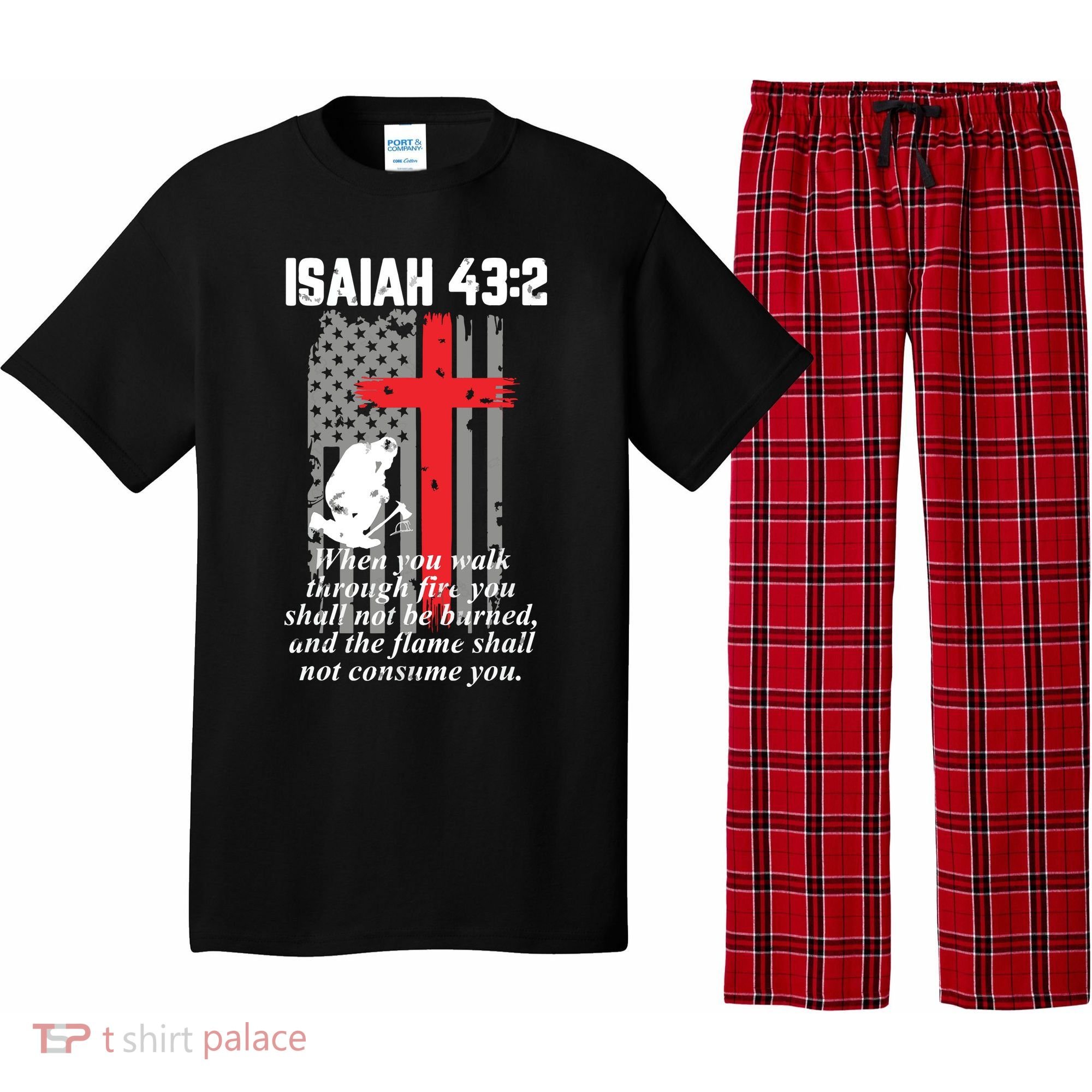 Thin Red Line Firefighter Cross Bible Verse American Flag Pajama Set