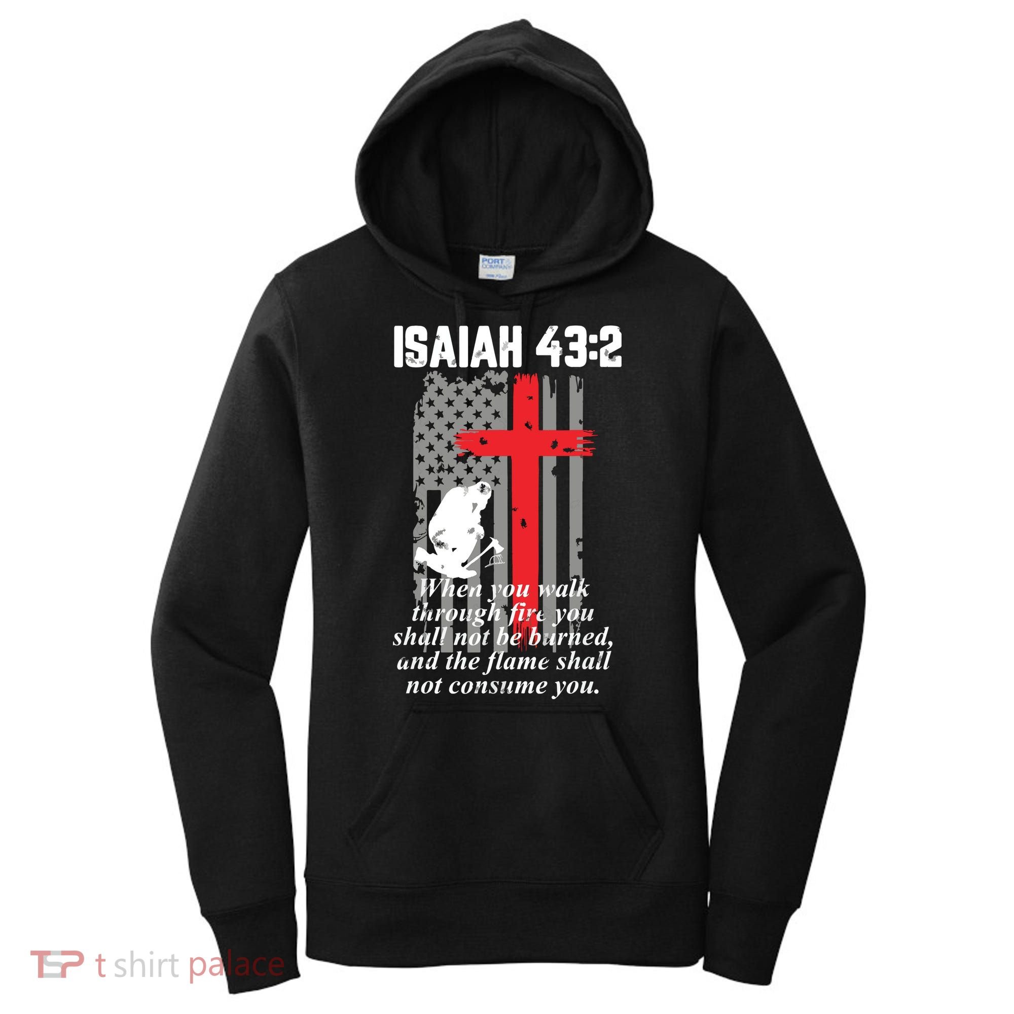 Thin Red Line Firefighter Cross Bible Verse American Flag Women's Hoodie