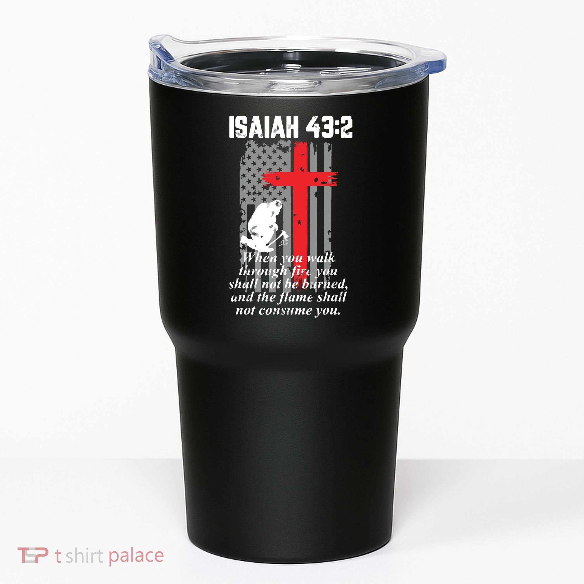 Thin Red Line Firefighter Cross Bible Verse American Flag Tumbler