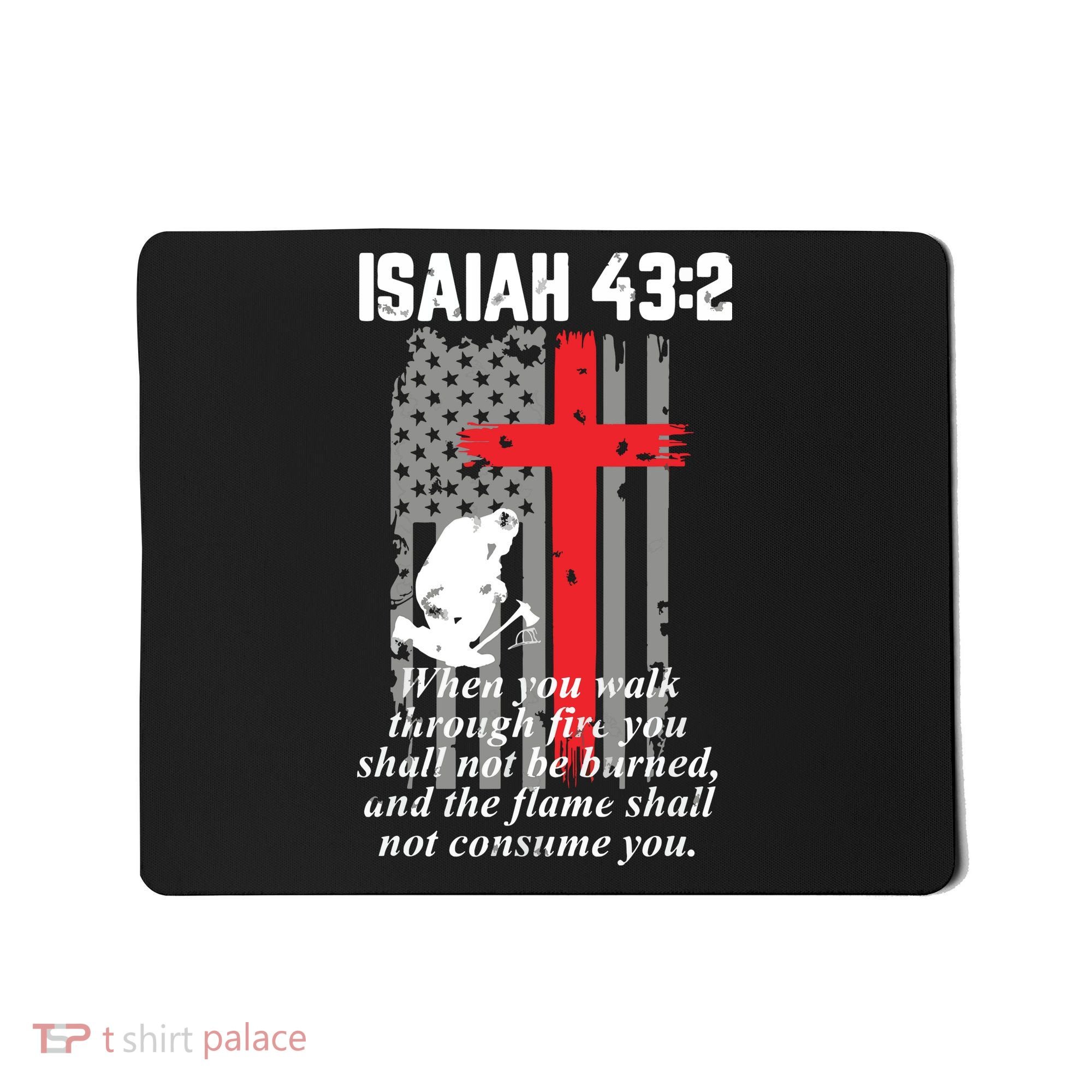 Thin Red Line Firefighter Cross Bible Verse American Flag Mousepad