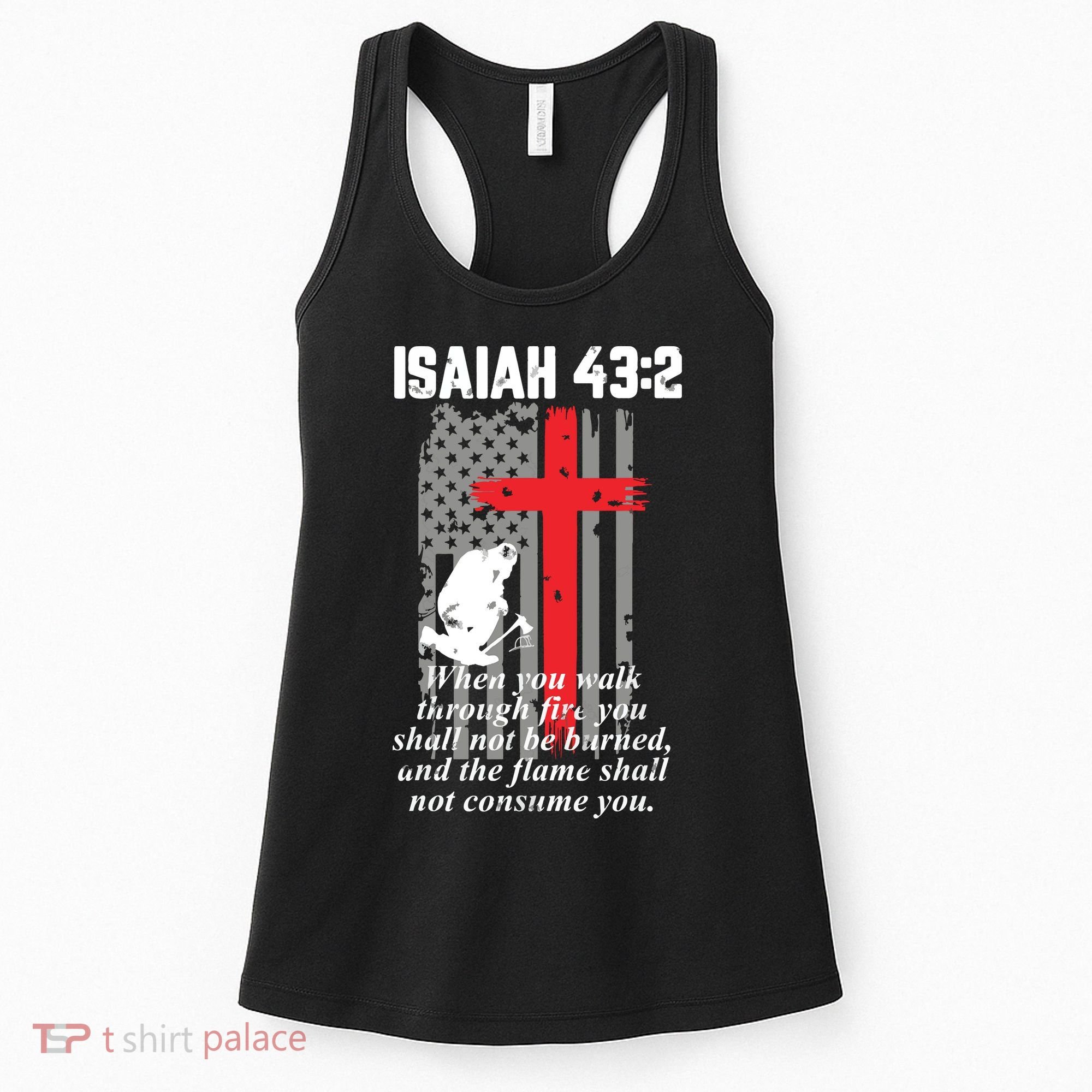Thin Red Line Firefighter Cross Bible Verse American Flag Women's Tank Top