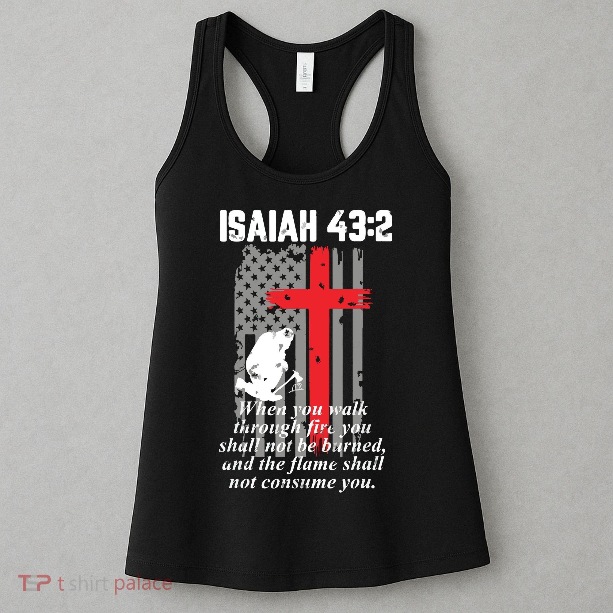 Thin Red Line Firefighter Cross Bible Verse American Flag Women's Tank Top