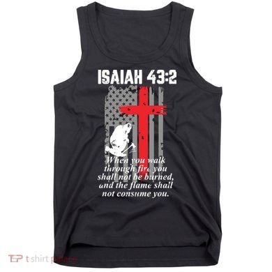 Thin Red Line Firefighter Cross Bible Verse American Flag Tank Top