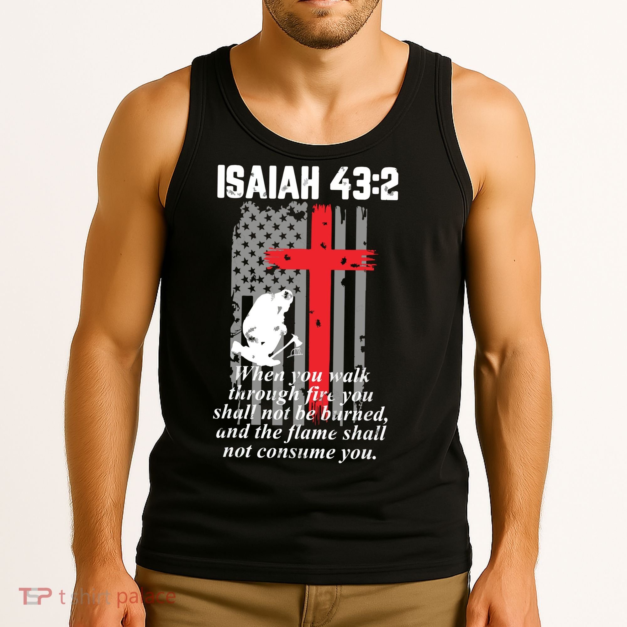 Thin Red Line Firefighter Cross Bible Verse American Flag Tank Top