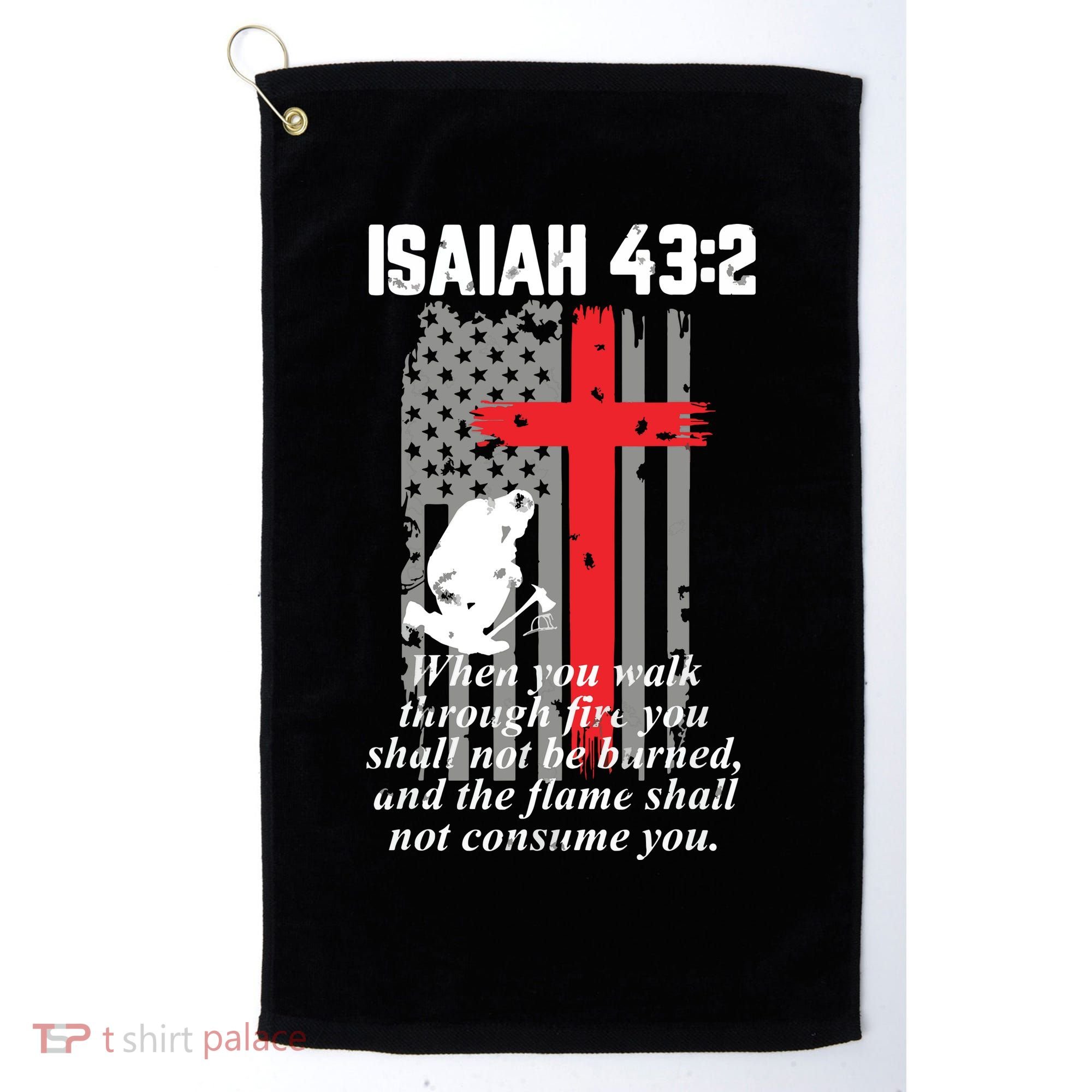 Thin Red Line Firefighter Cross Bible Verse American Flag Golf Towel