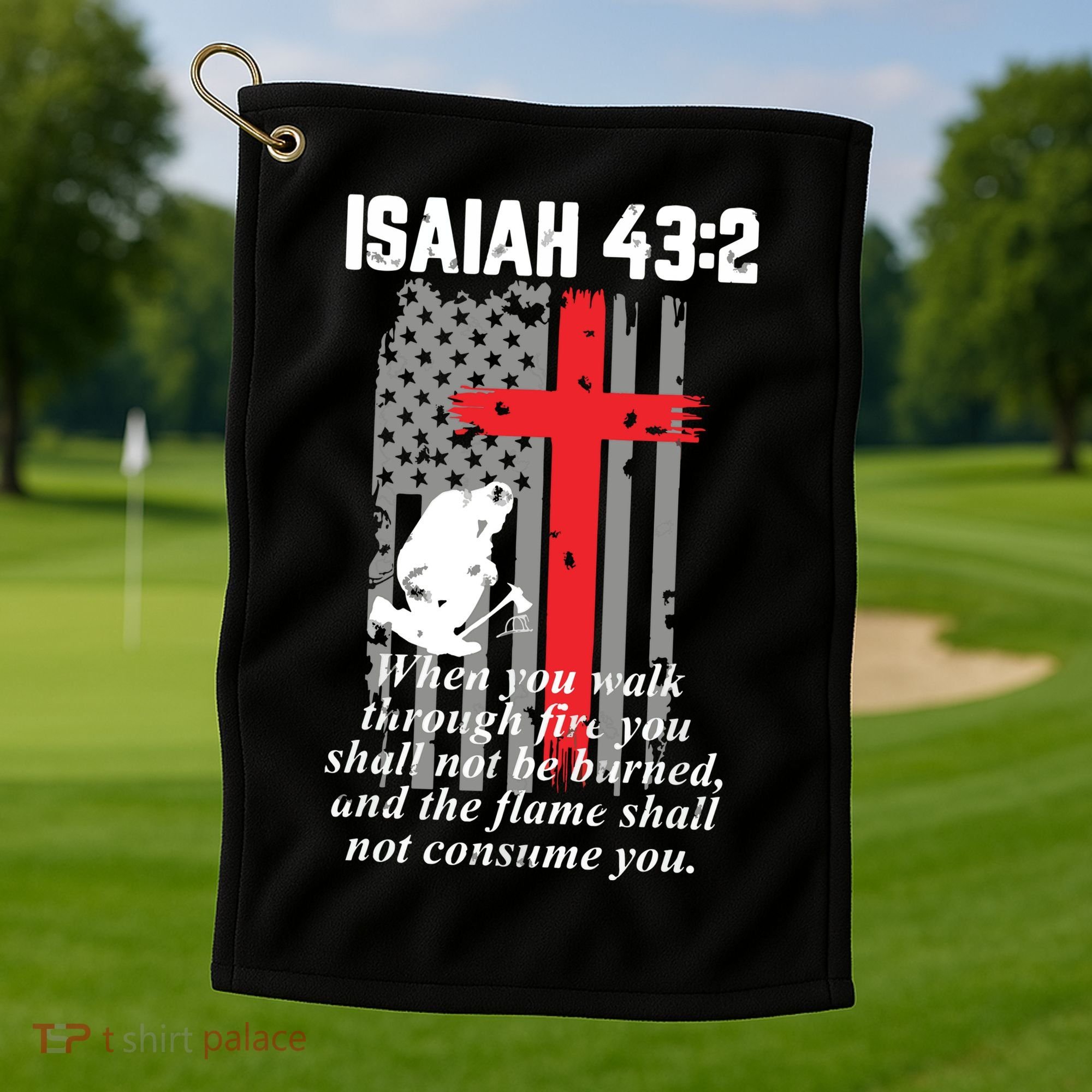 Thin Red Line Firefighter Cross Bible Verse American Flag Golf Towel