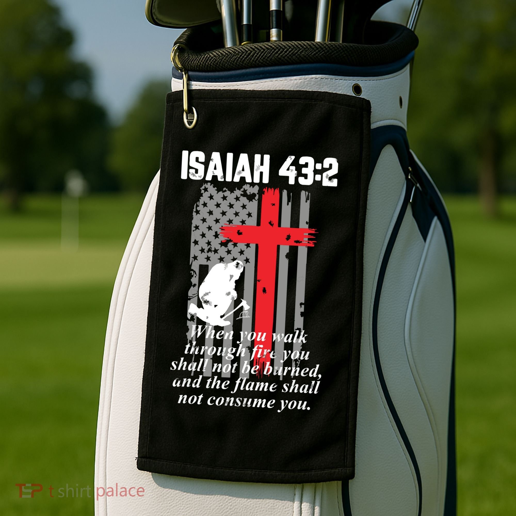 Thin Red Line Firefighter Cross Bible Verse American Flag Golf Towel