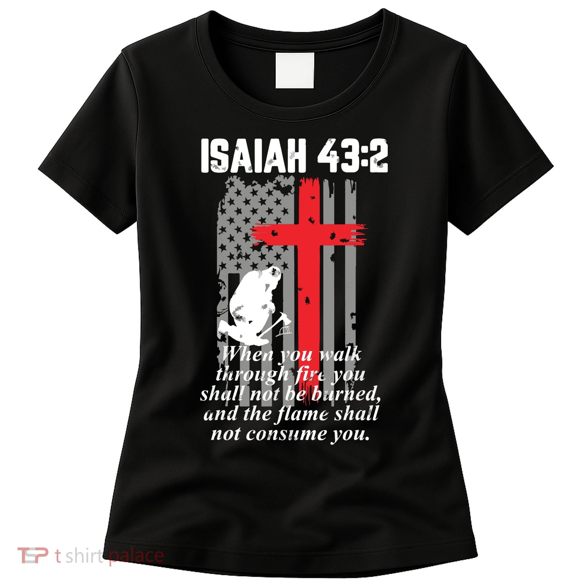 Thin Red Line Firefighter Cross Bible Verse American Flag Women's T-Shirt