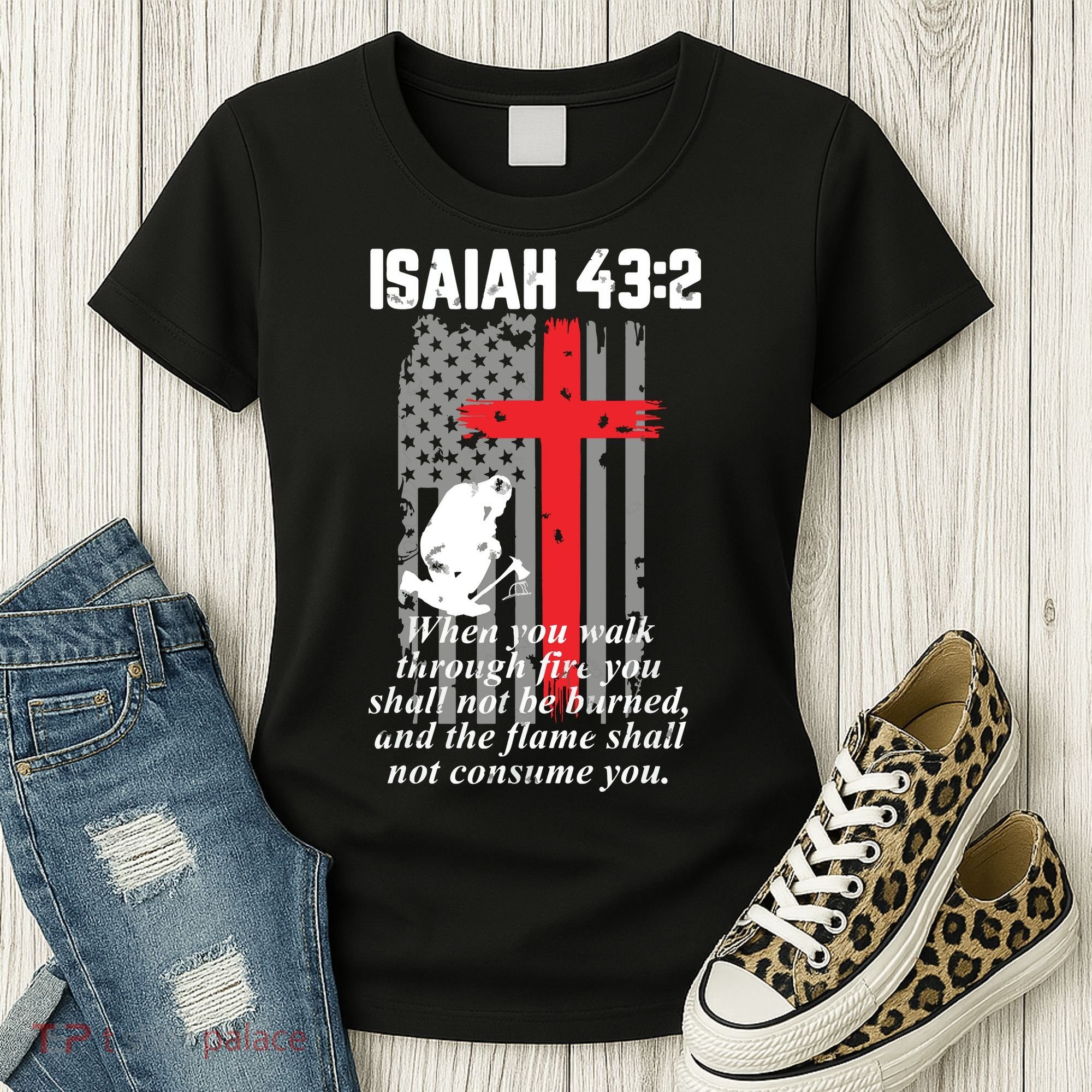 Thin Red Line Firefighter Cross Bible Verse American Flag Women's T-Shirt