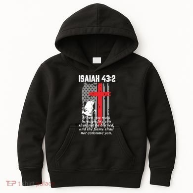 Thin Red Line Firefighter Cross Bible Verse American Flag Kids Hoodie