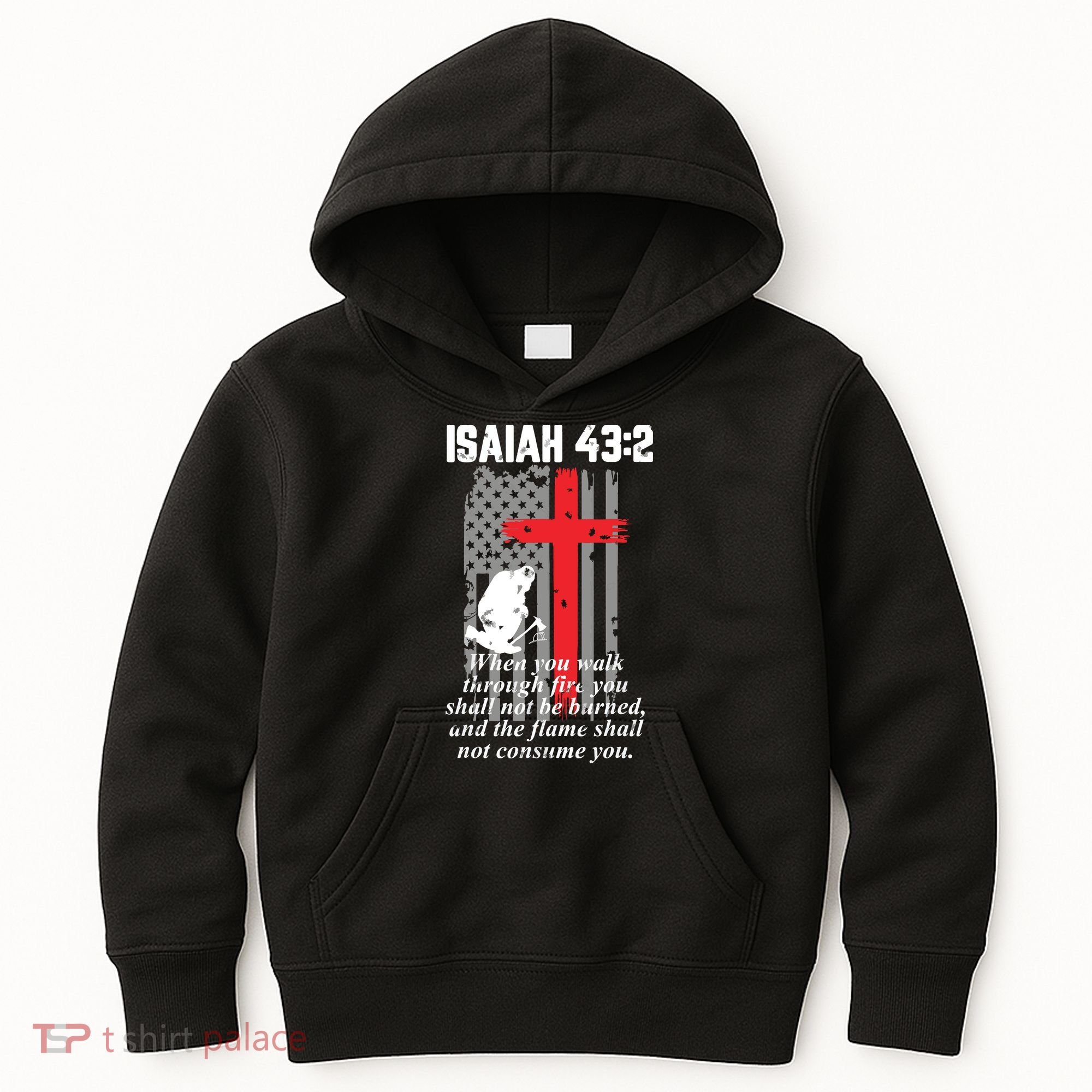Thin Red Line Firefighter Cross Bible Verse American Flag Kids Hoodie