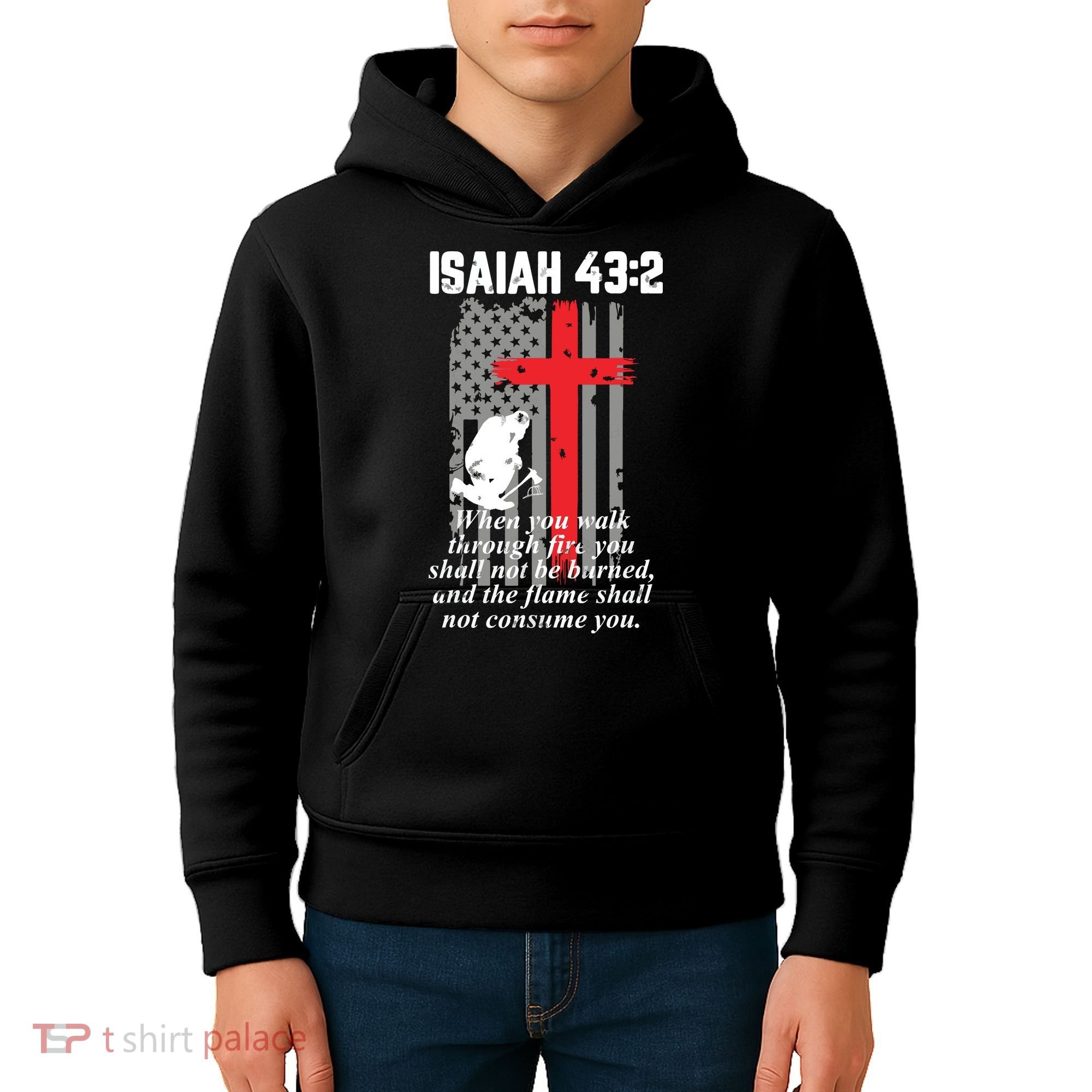 Thin Red Line Firefighter Cross Bible Verse American Flag Kids Hoodie
