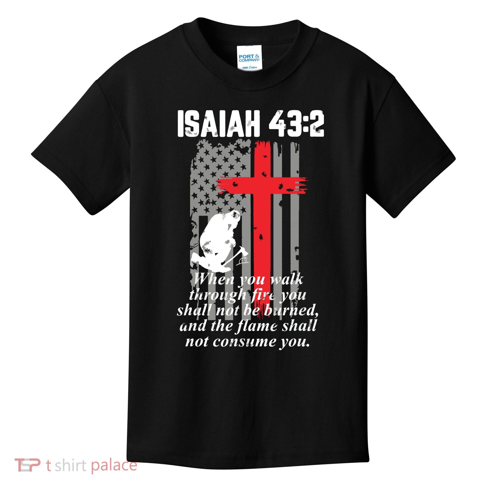 Thin Red Line Firefighter Cross Bible Verse American Flag Kids T-Shirt
