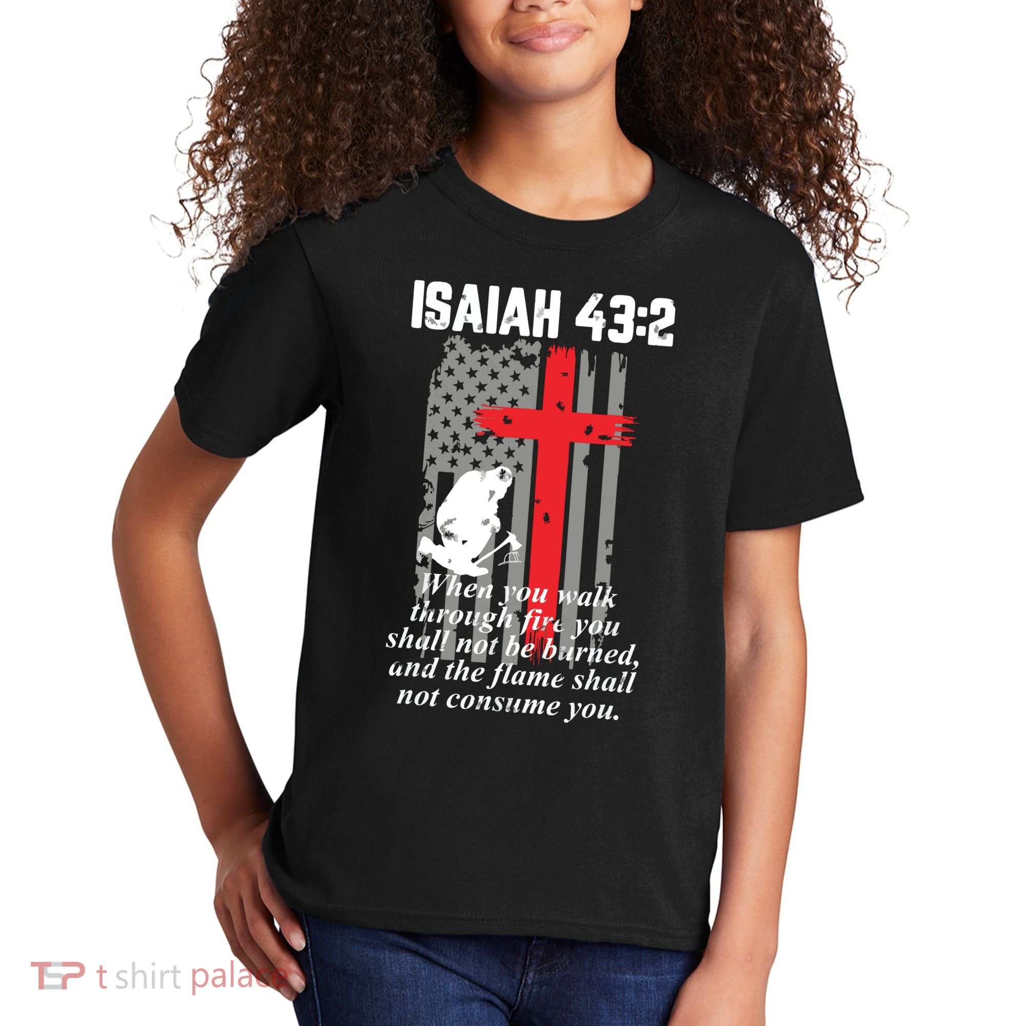 Thin Red Line Firefighter Cross Bible Verse American Flag Kids T-Shirt
