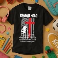Thin Red Line Firefighter Cross Bible Verse American Flag Kids T-Shirt thumb 3