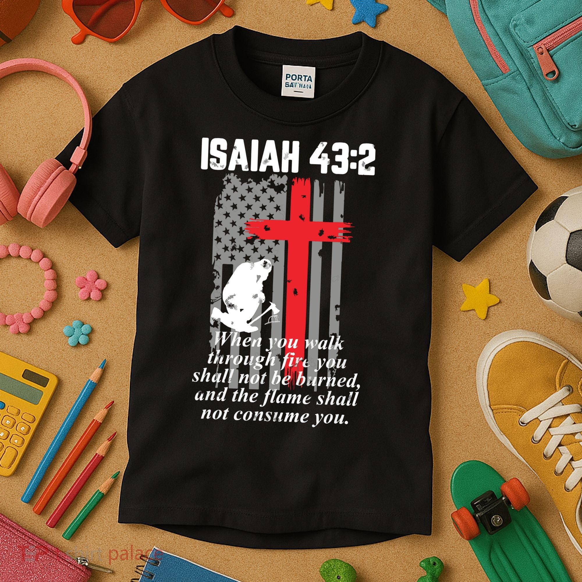 Thin Red Line Firefighter Cross Bible Verse American Flag Kids T-Shirt
