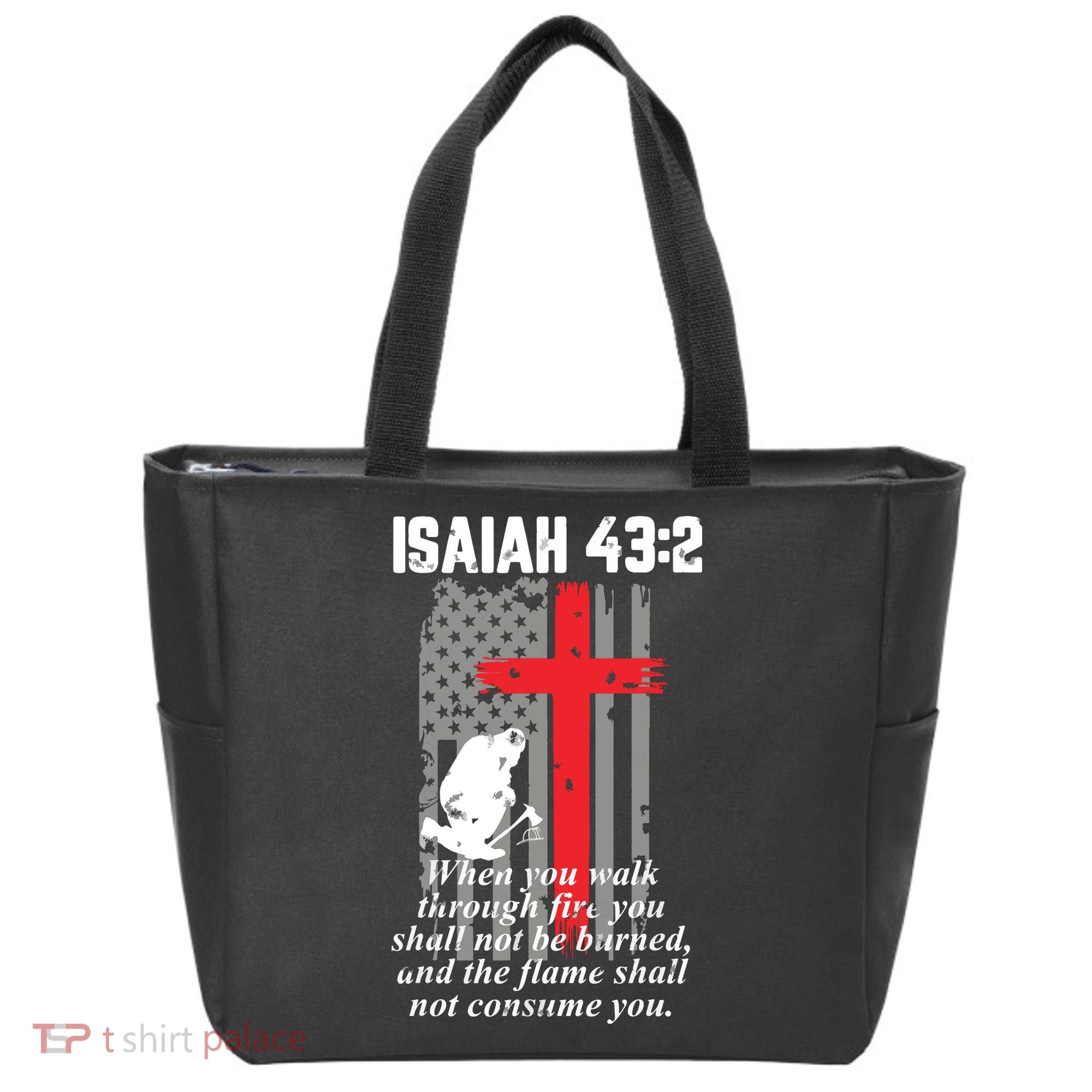 Thin Red Line Firefighter Cross Bible Verse American Flag Tote Bag