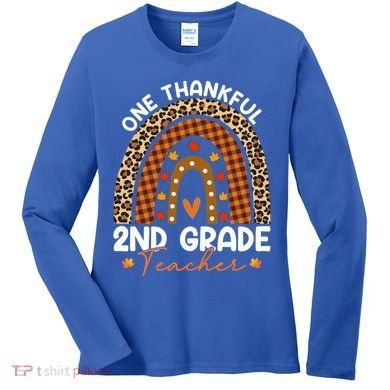 Thanksgiving Rainbow Leopard One Thankful 2nd Grade Teacher Gift Women's Long Sleeve Shirt