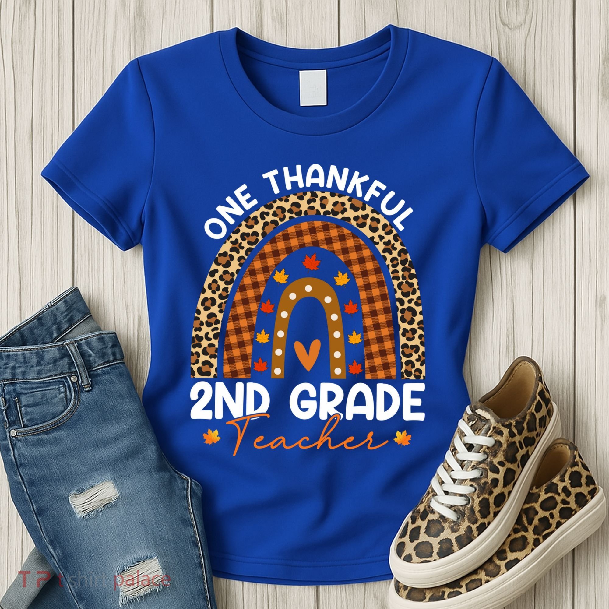 Thanksgiving Rainbow Leopard One Thankful 2nd Grade Teacher Gift Women's T-Shirt