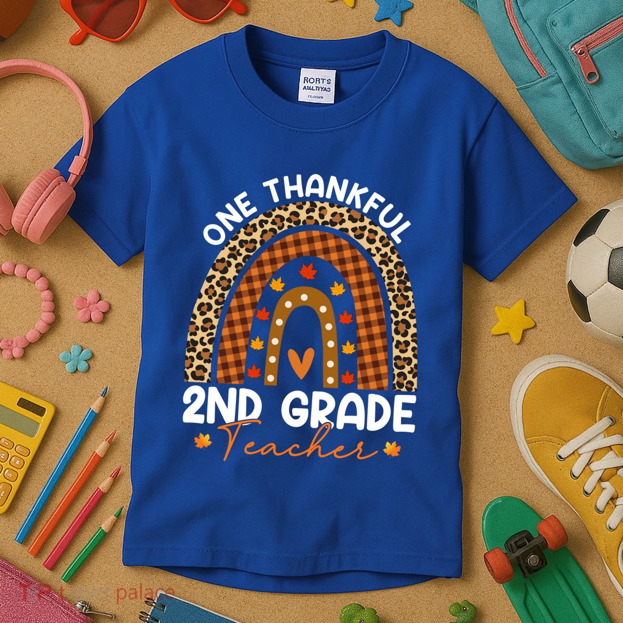 Thanksgiving Rainbow Leopard One Thankful 2nd Grade Teacher Gift Kids T-Shirt