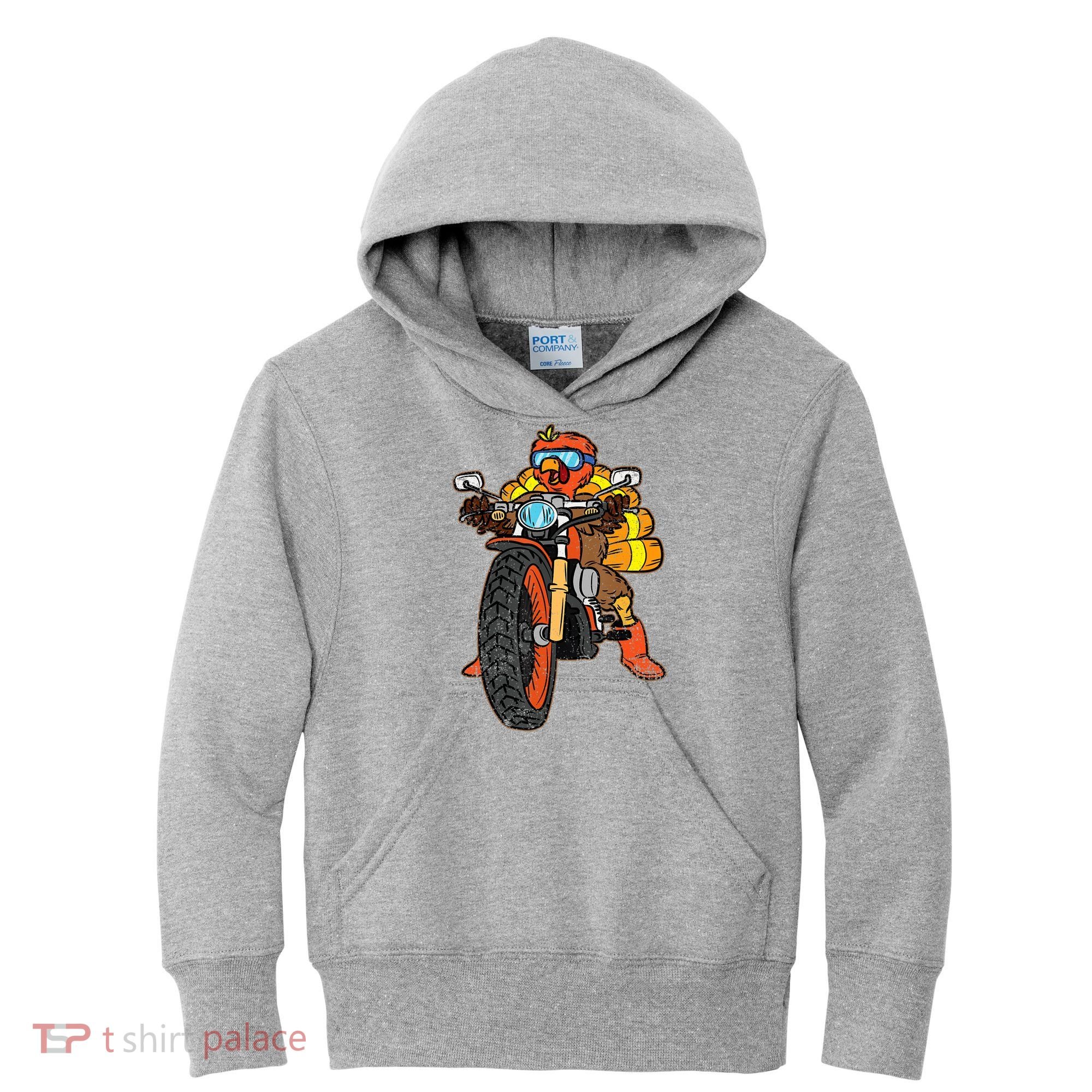 Turkey Riding Motorcycle Thanksgiving Day Cool Biker Rider Kids Hoodie