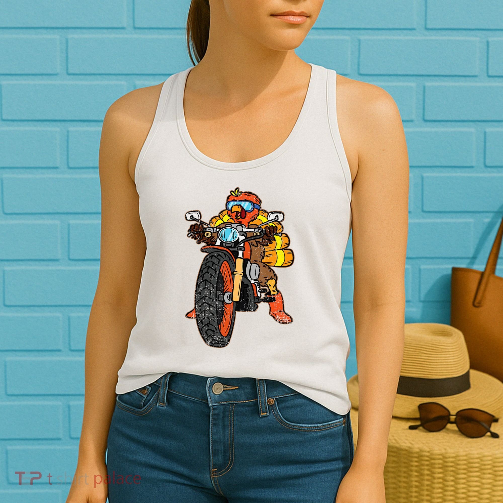 Turkey Riding Motorcycle Thanksgiving Day Cool Biker Rider Women's Tank Top