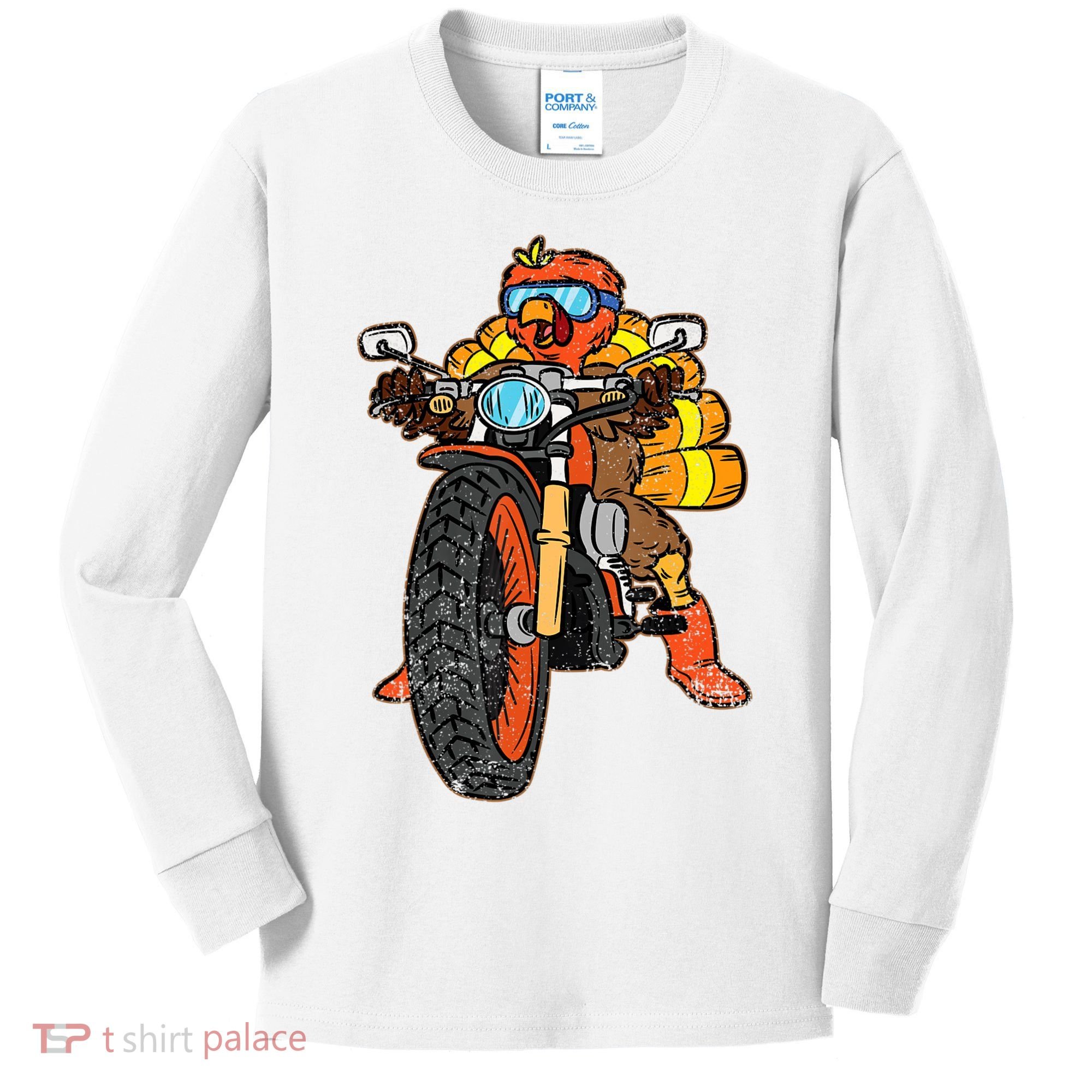 Turkey Riding Motorcycle Thanksgiving Day Cool Biker Rider Kids Long Sleeve Shirt