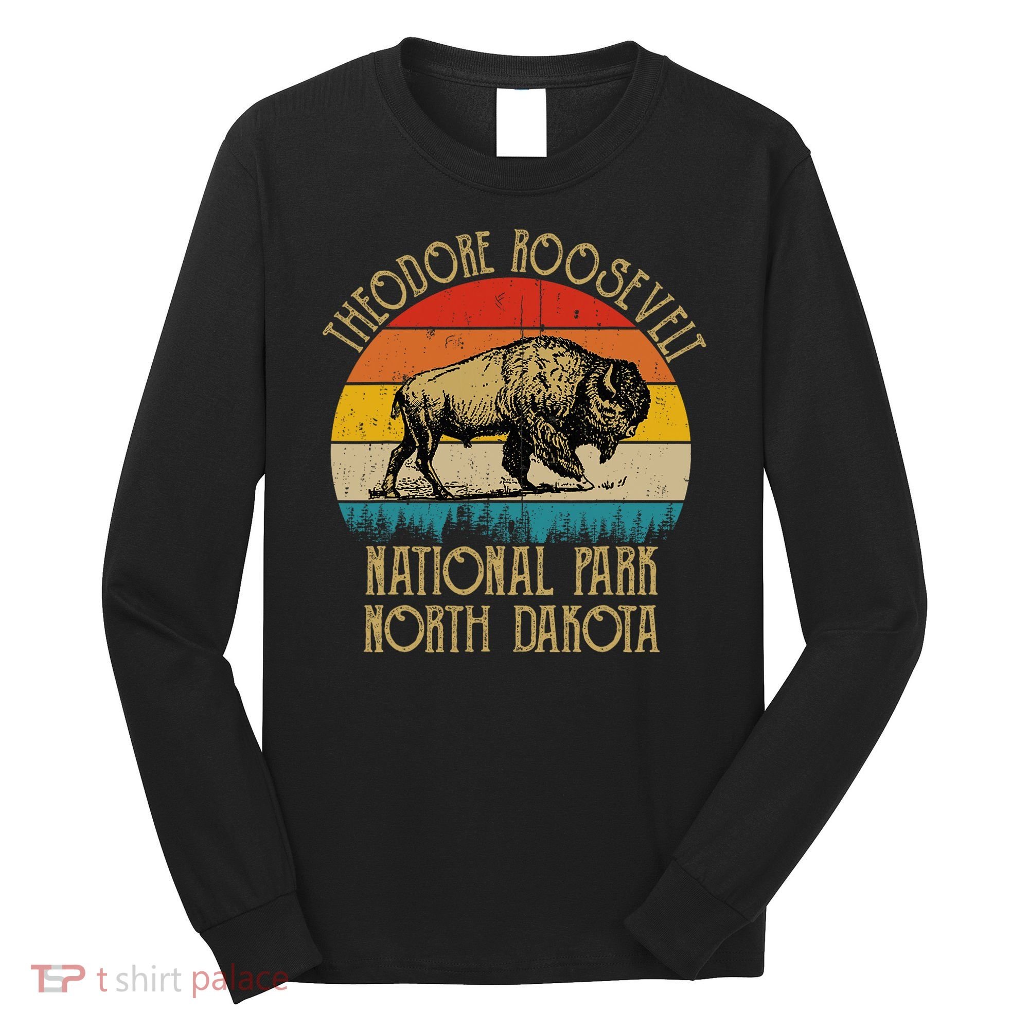 Theodore Roosevelt National Park North Dakota Buffalo Retro Long Sleeve Shirt