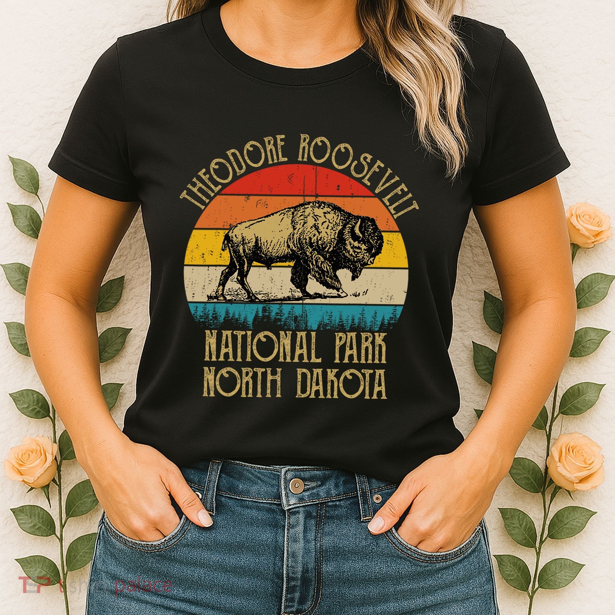 Theodore Roosevelt National Park North Dakota Buffalo Retro Women's T-Shirt