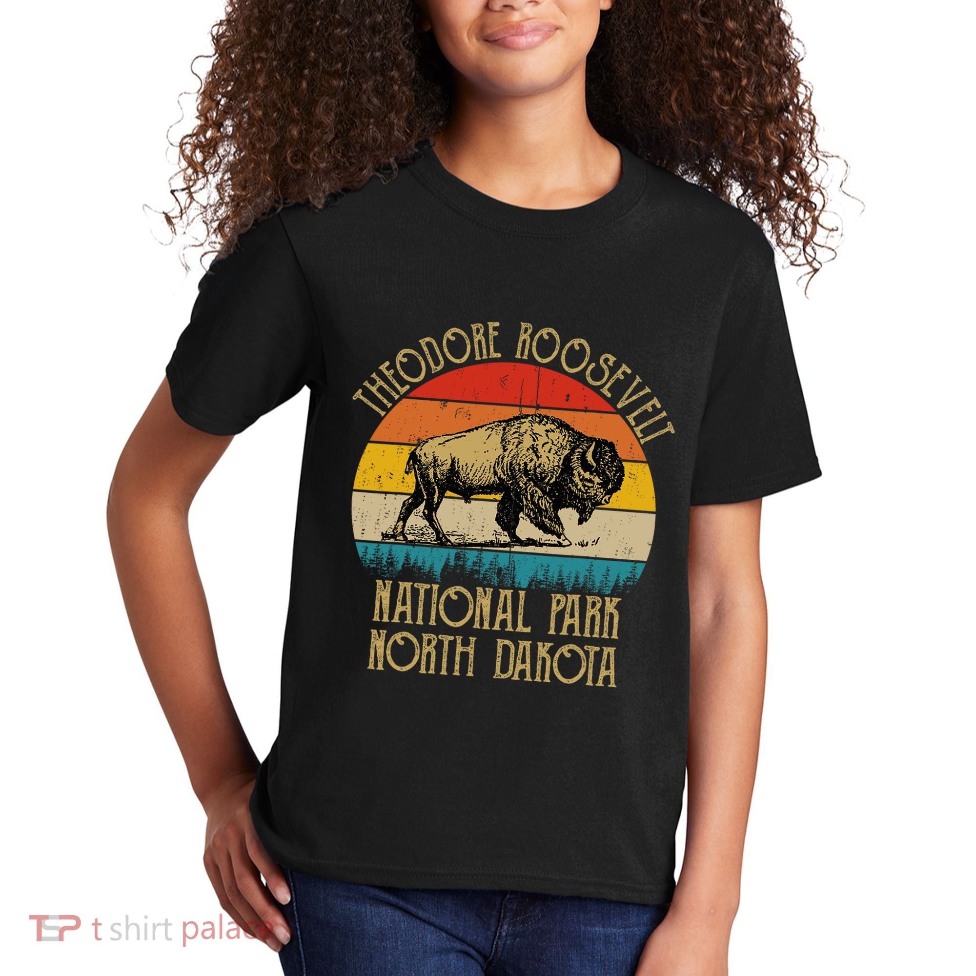 Theodore Roosevelt National Park North Dakota Buffalo Retro Kids T-Shirt