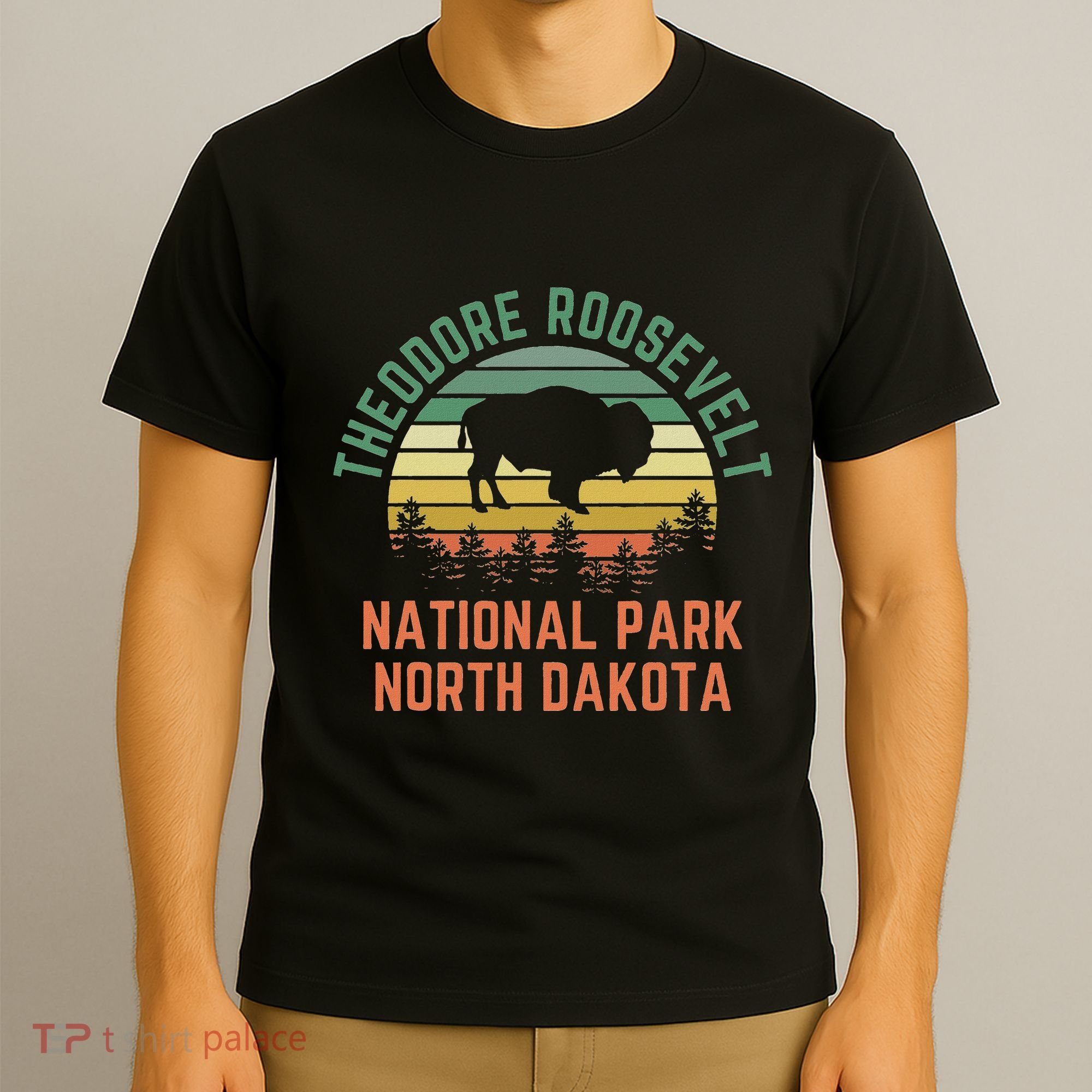 Theodore Roosevelt National Park North Dakota Buffalo Retro T-Shirt
