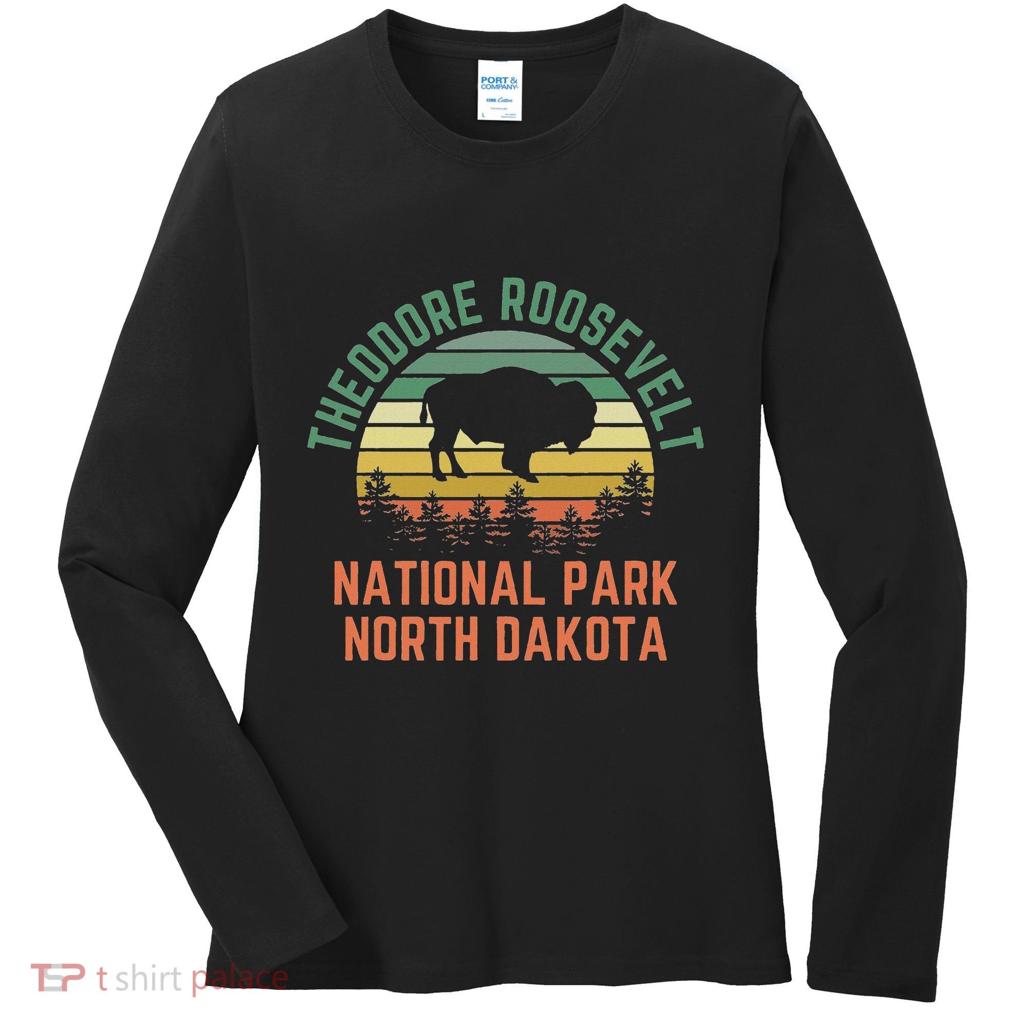 Theodore Roosevelt National Park North Dakota Buffalo Retro Women's Long Sleeve Shirt