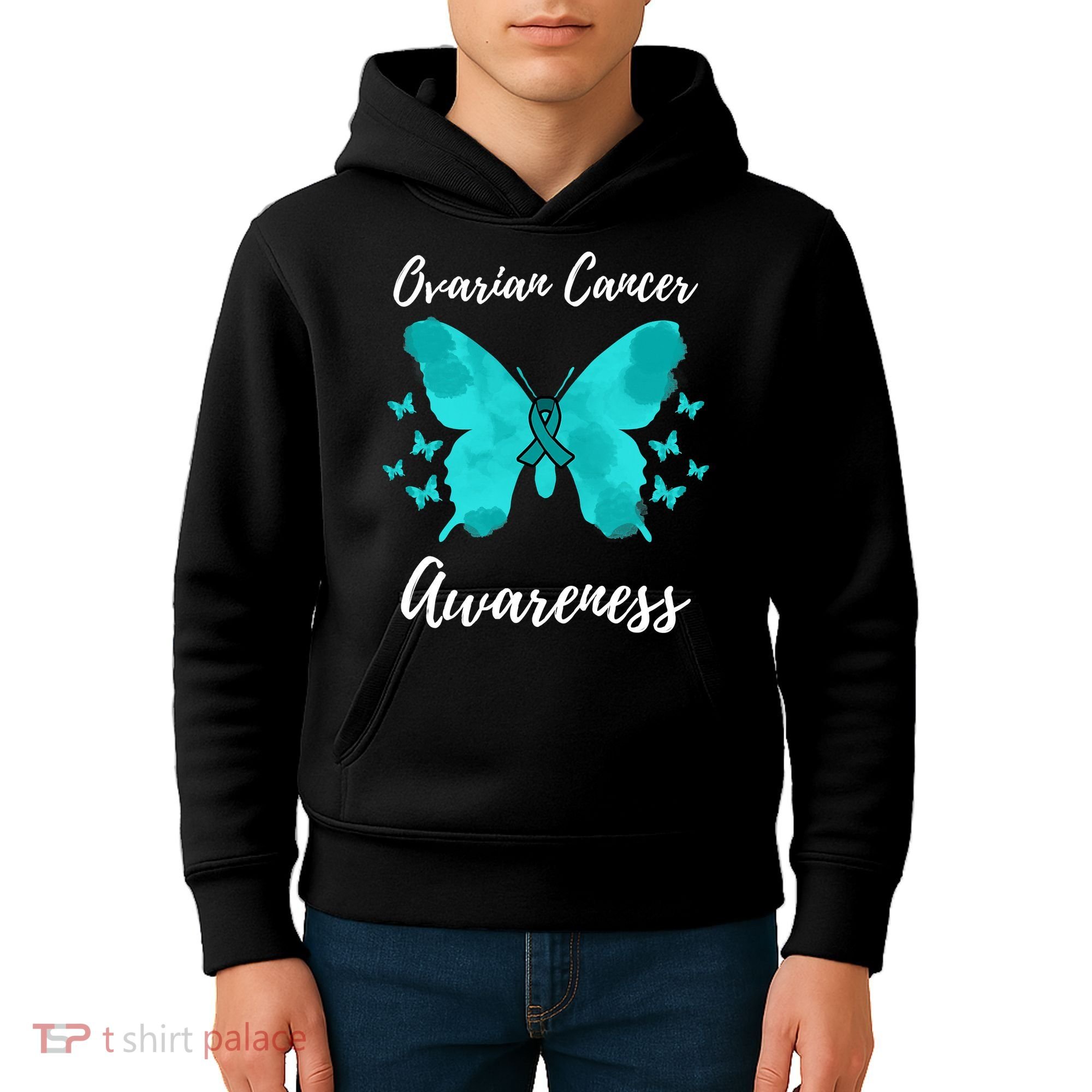 Teal Ribbon Ovarian Cancer Awareness Kids Hoodie