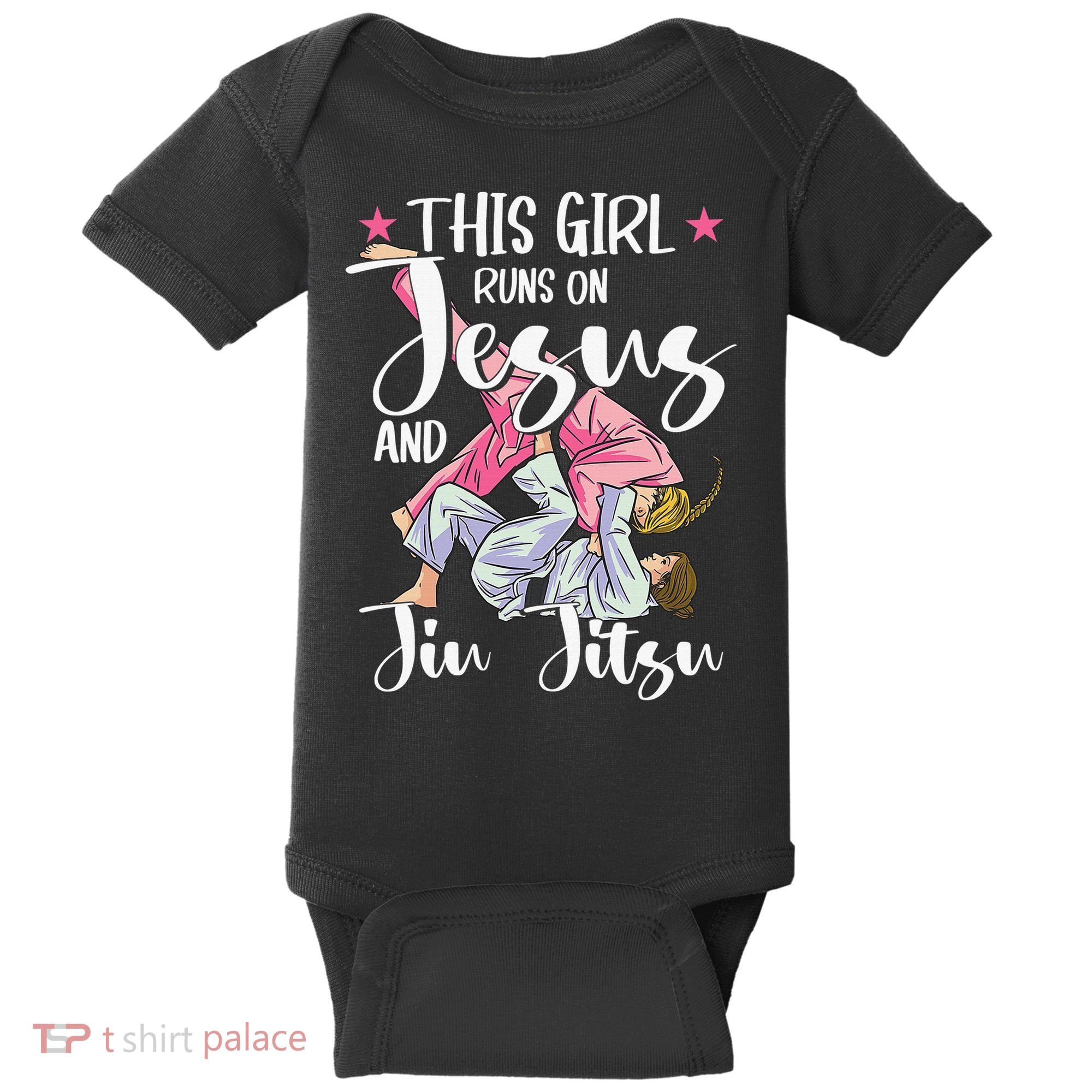 This  Runs On Jesus And Jiu Jitsu Gift Baby Bodysuit