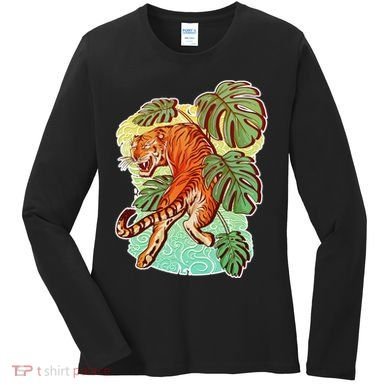 Tropical Tiger Tattoo Design Women's Long Sleeve Shirt