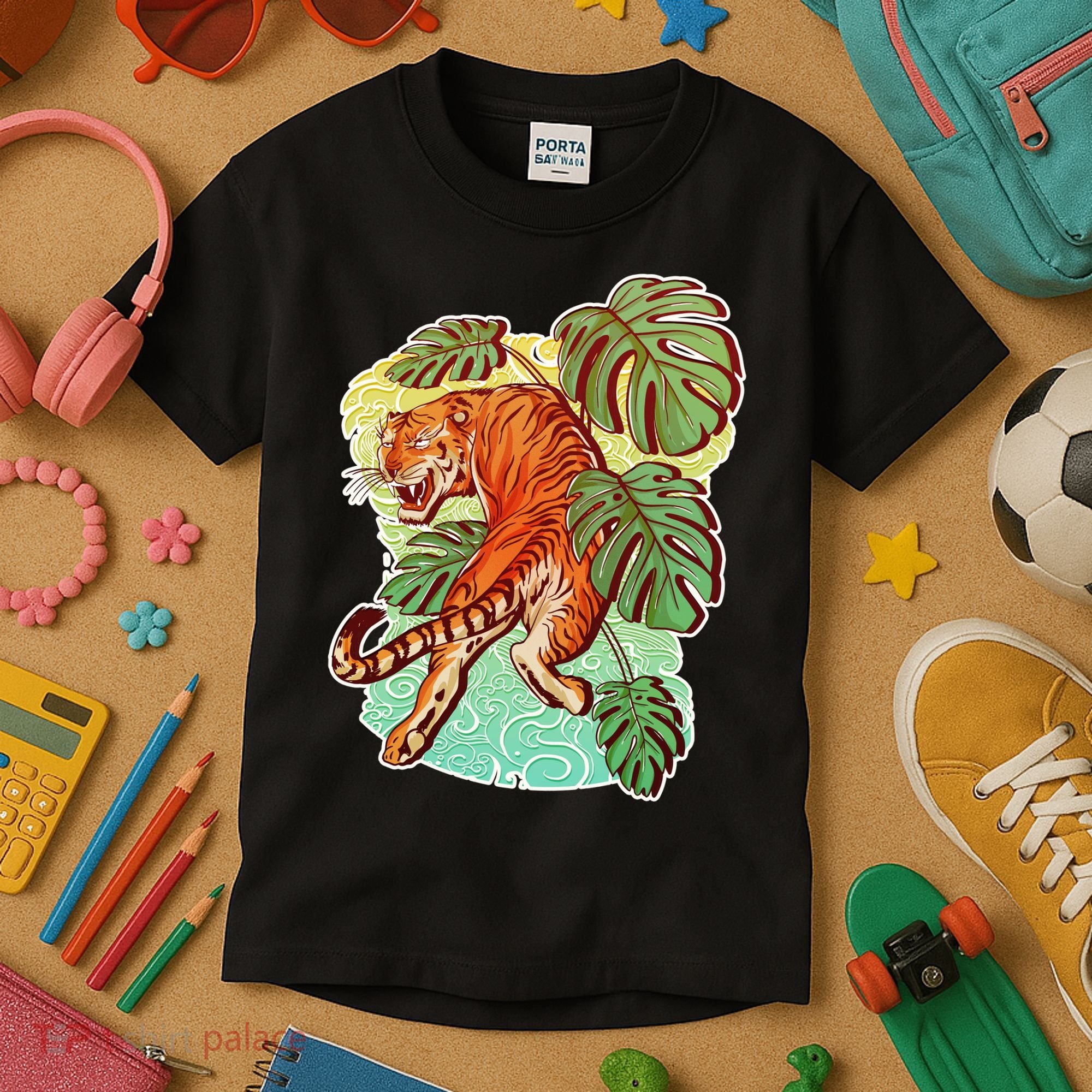 Tropical Tiger Tattoo Design Kids T-Shirt