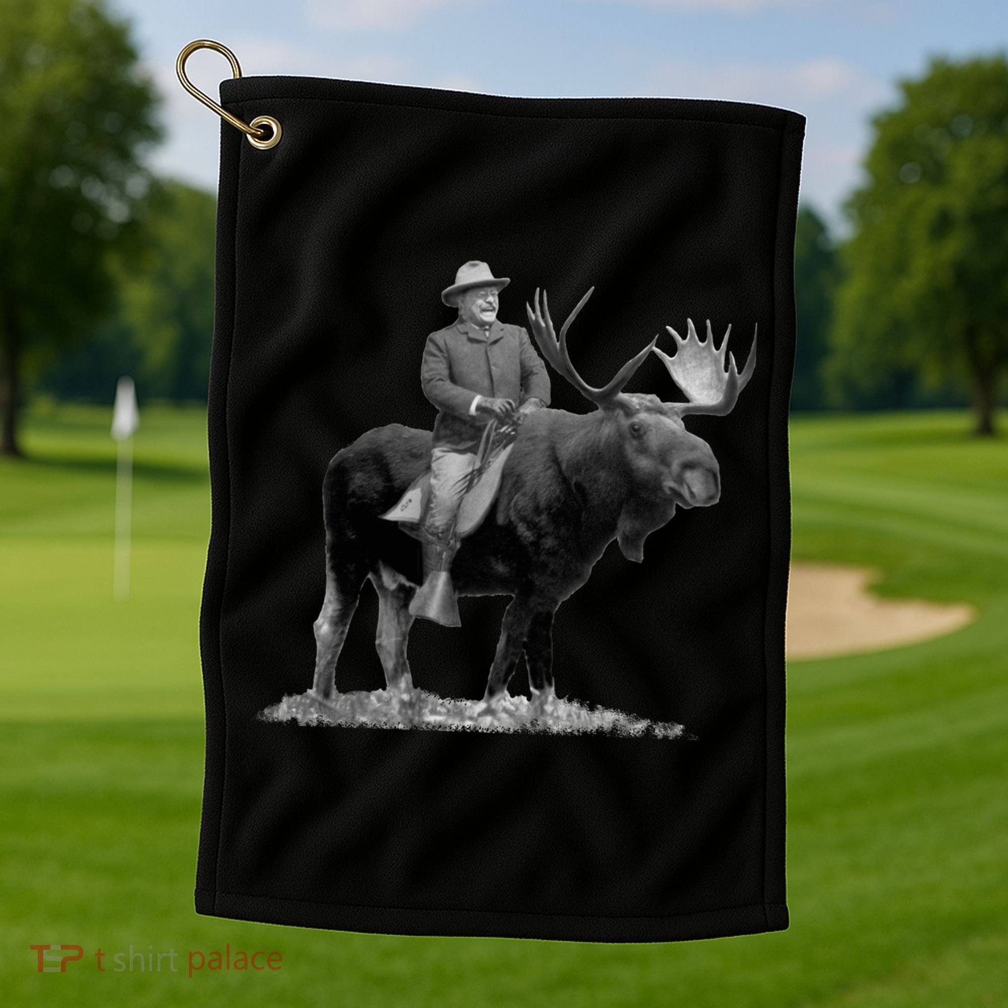 Teddy Roosevelt Riding A Bull Moose Golf Towel