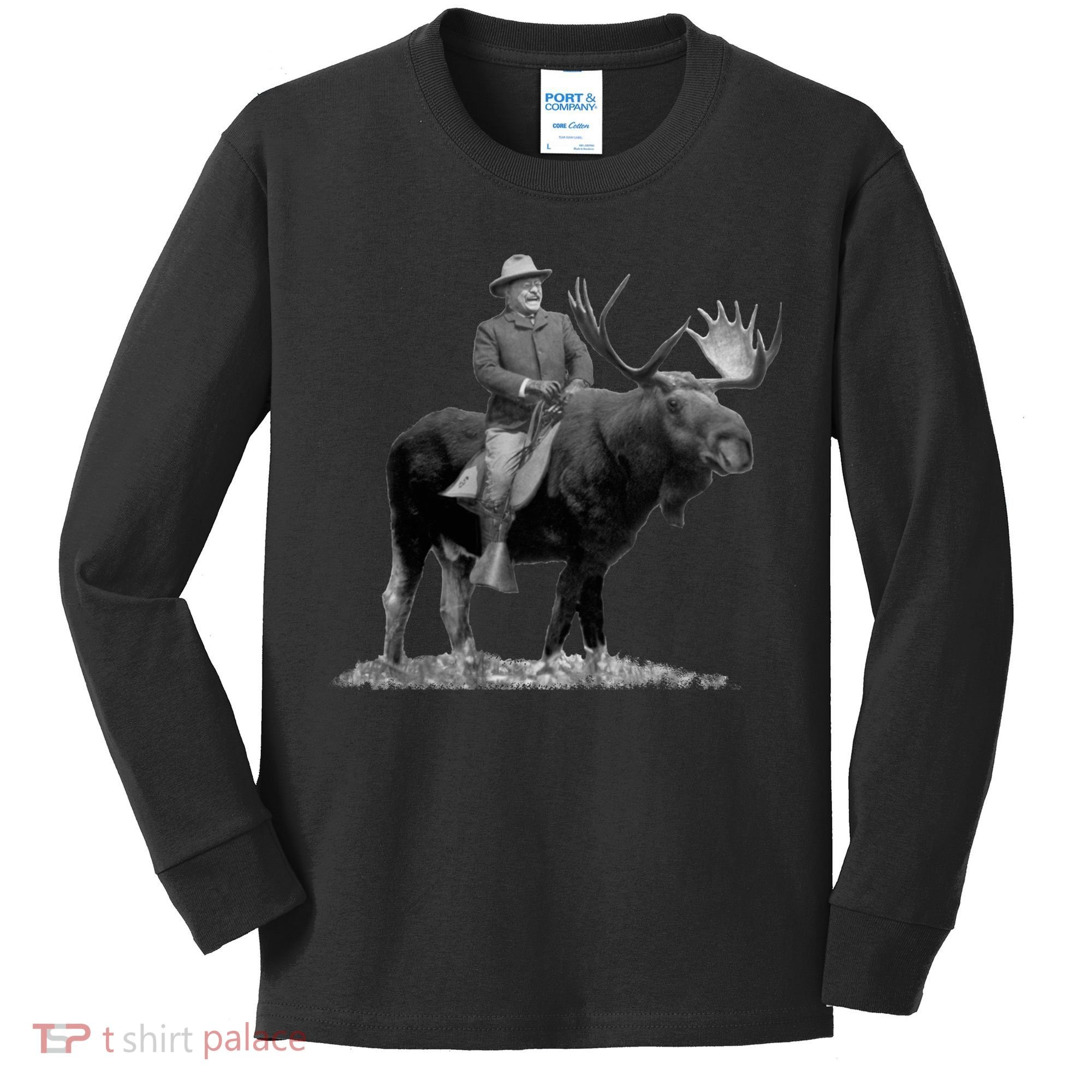 Teddy Roosevelt Riding A Bull Moose Kids Long Sleeve Shirt