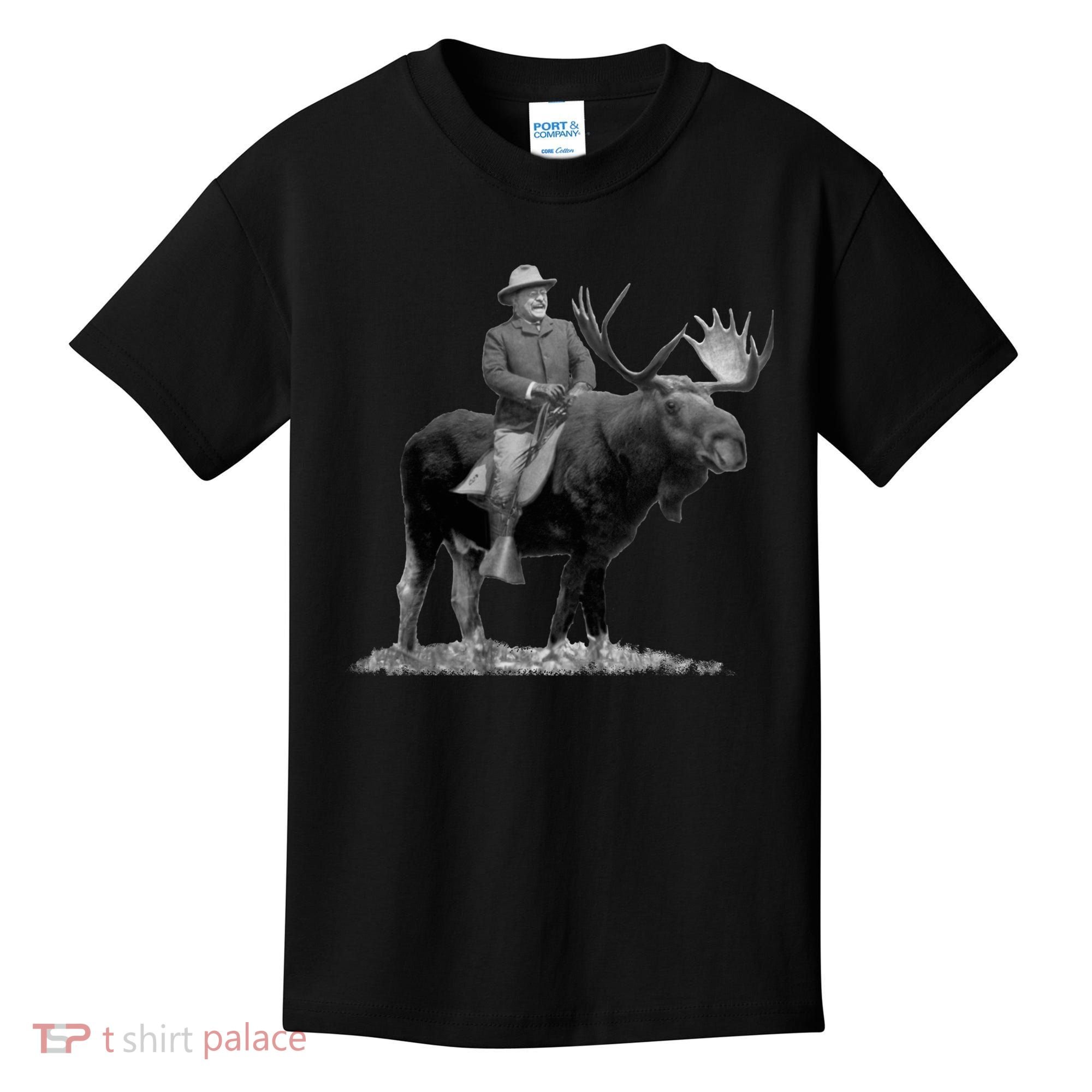 Teddy Roosevelt Riding A Bull Moose Kids T-Shirt