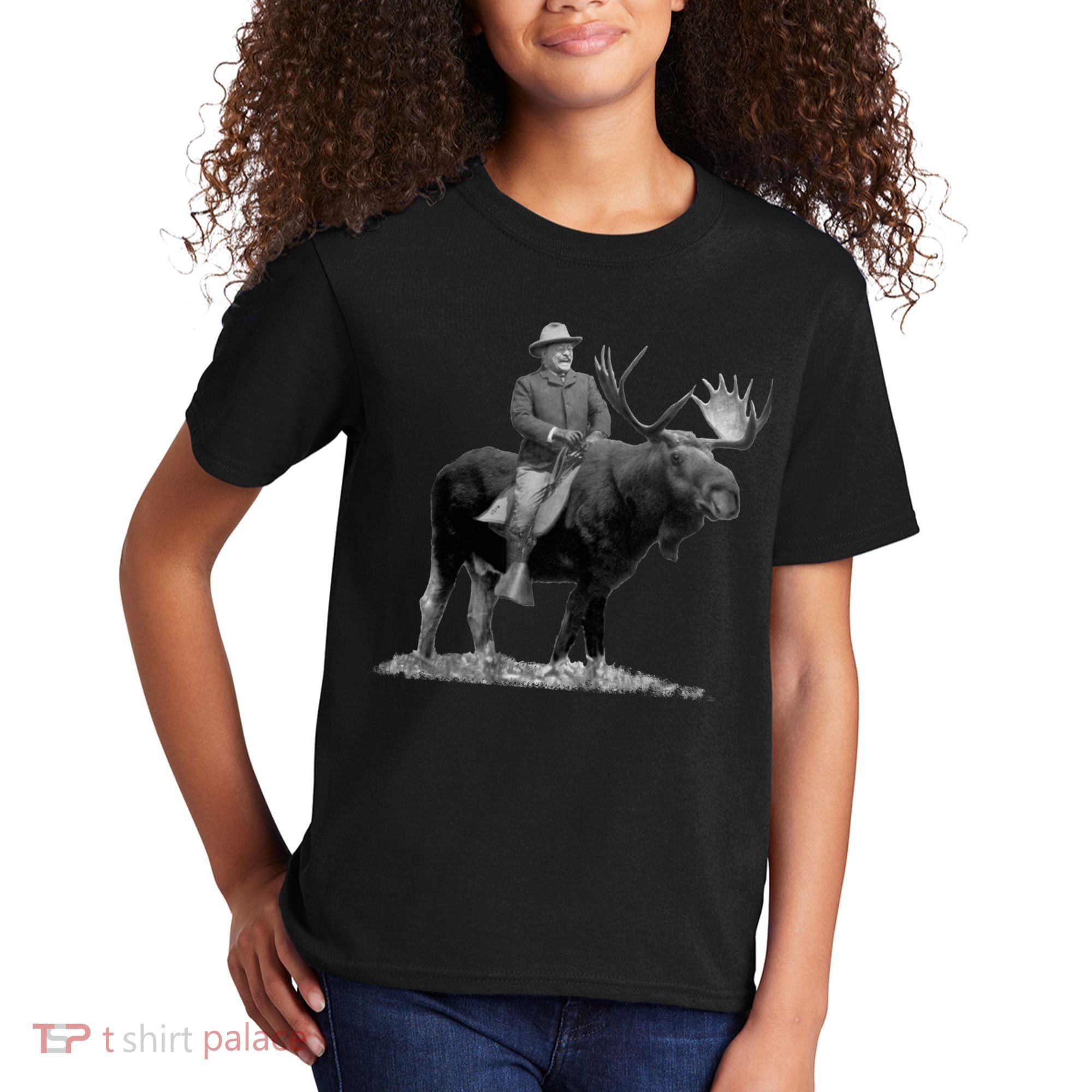 Teddy Roosevelt Riding A Bull Moose Kids T-Shirt