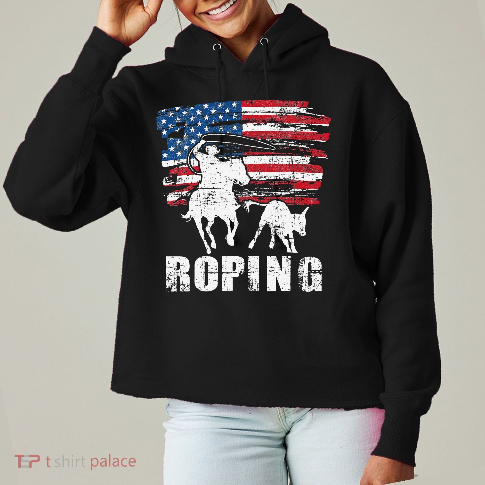 Team Roping Roper Usa American Flag Header Heeler Horse Ladies Heavyweight Boxy Pullover Hoodie