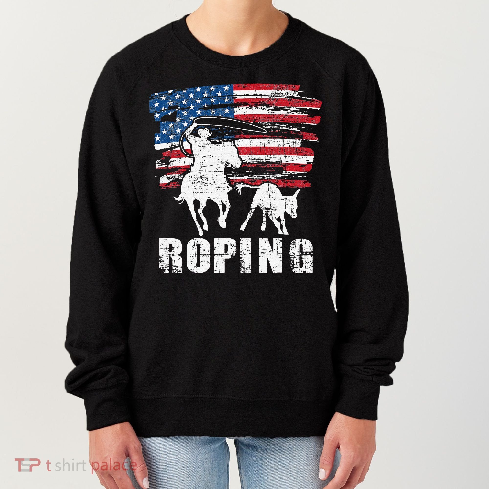 Team Roping Roper Usa American Flag Header Heeler Horse Women's Sweatshirt