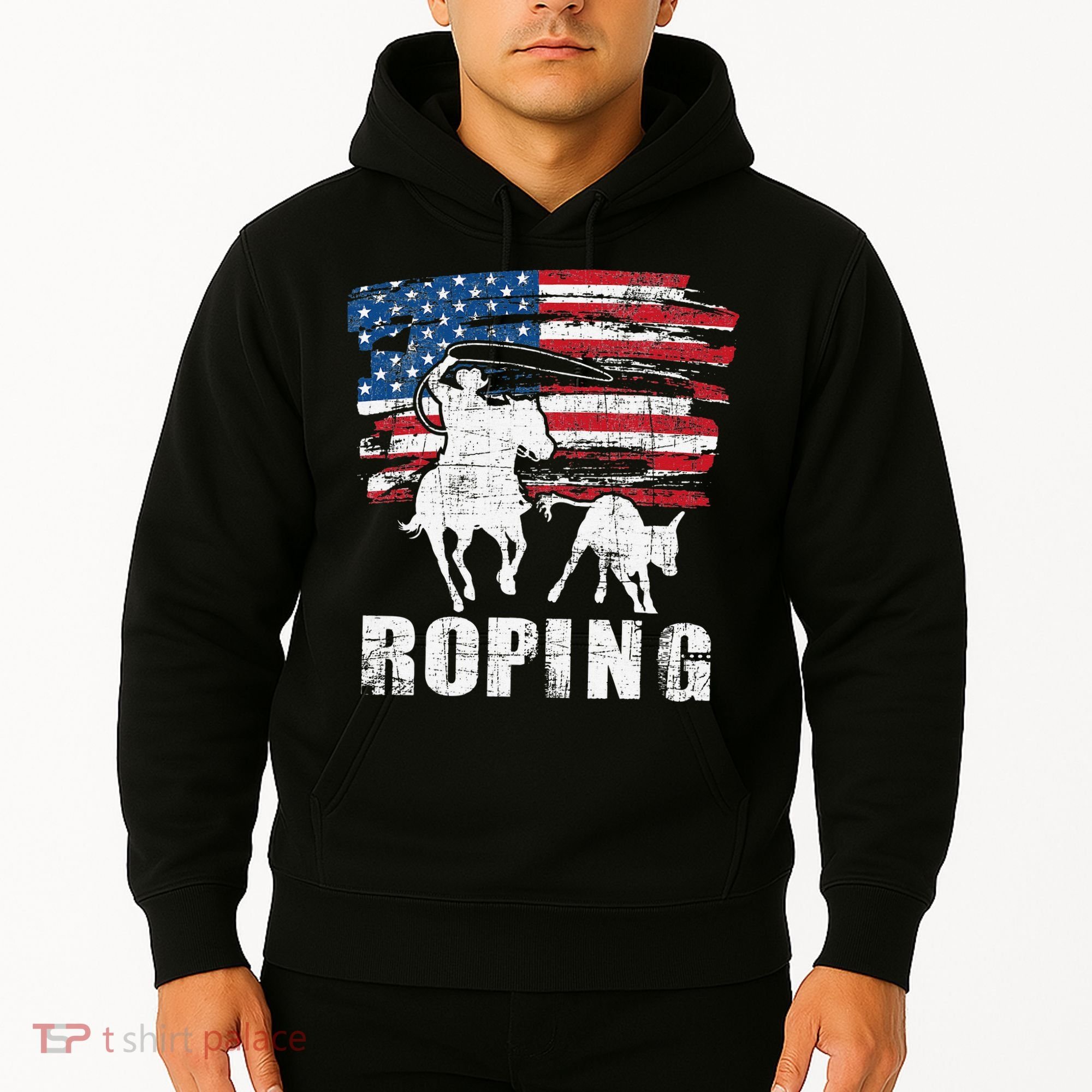 Team Roping Roper Usa American Flag Header Heeler Horse Hoodie