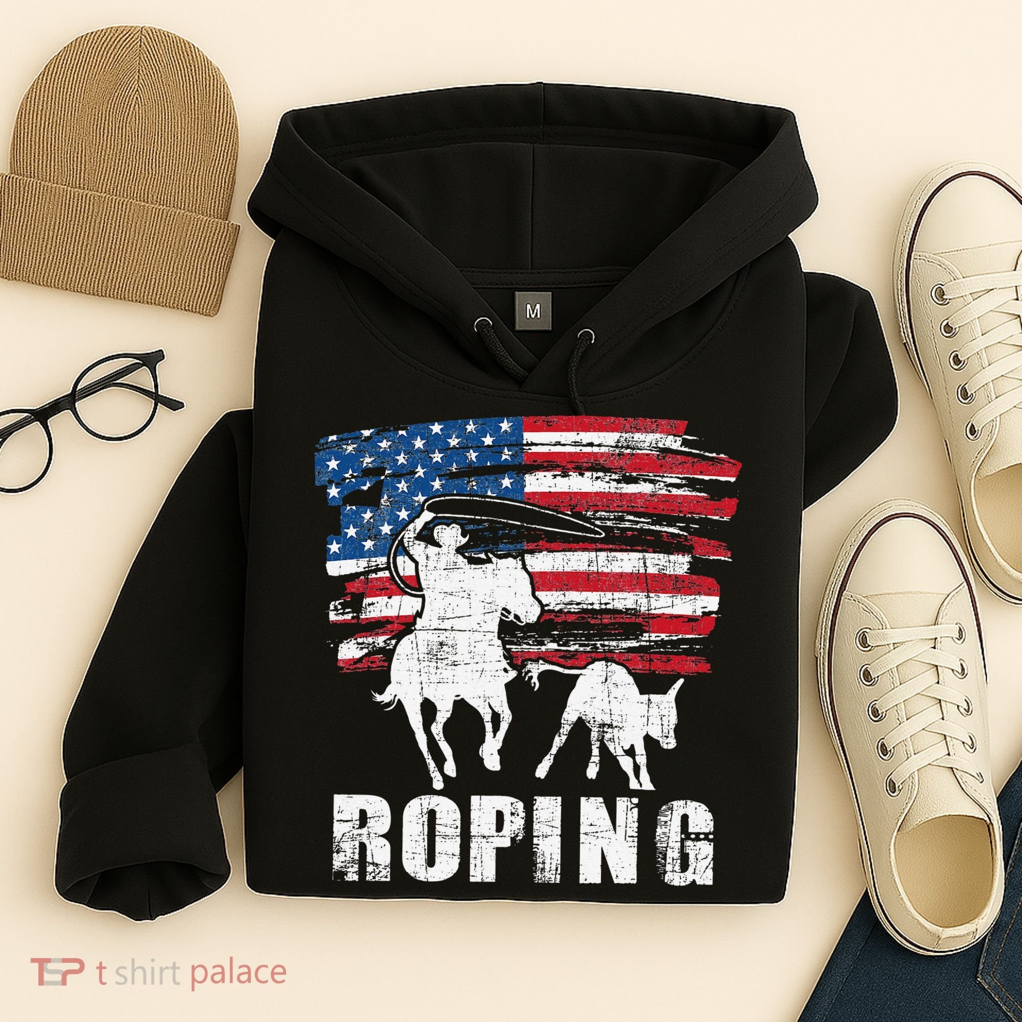 Team Roping Roper Usa American Flag Header Heeler Horse Hoodie