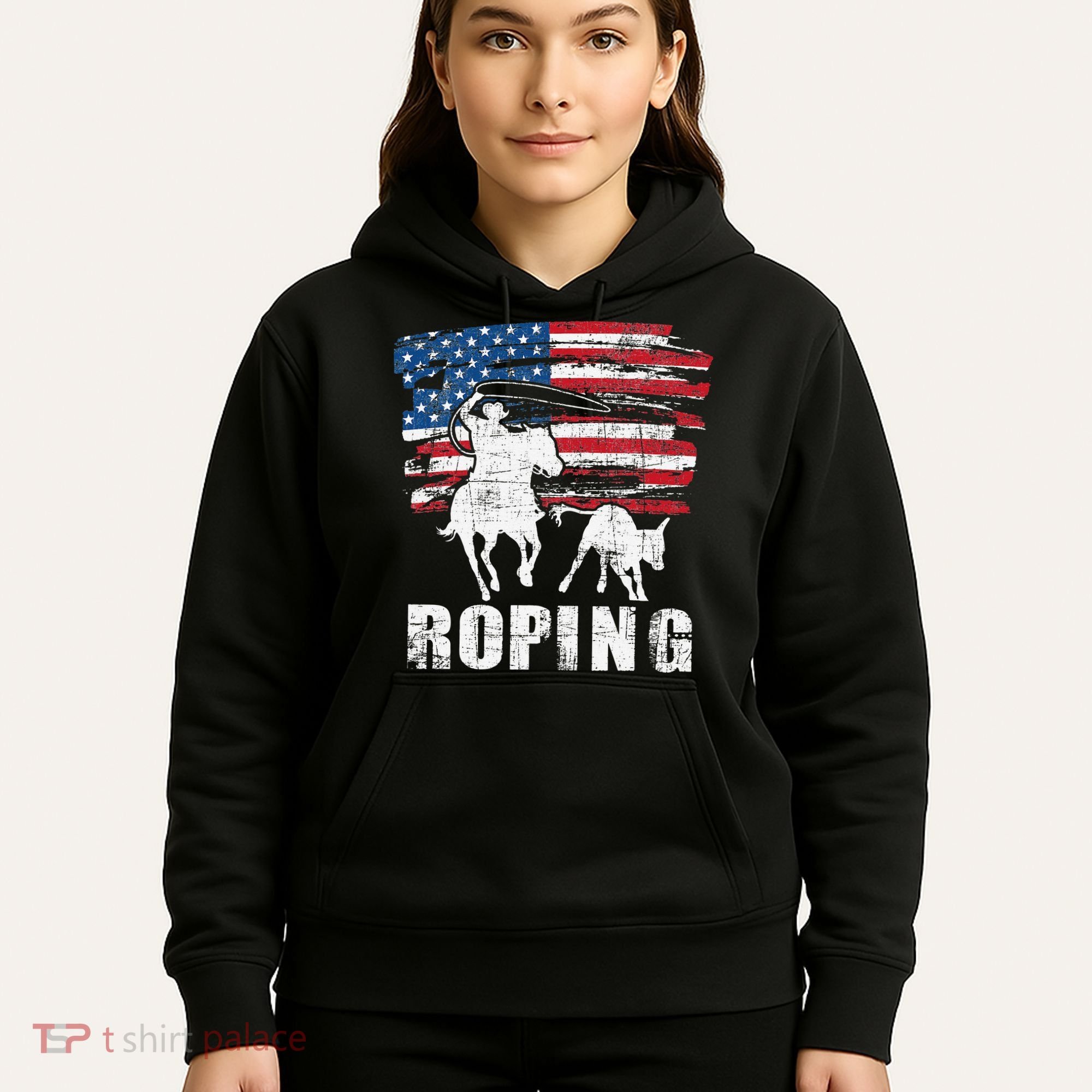 Team Roping Roper Usa American Flag Header Heeler Horse Hoodie