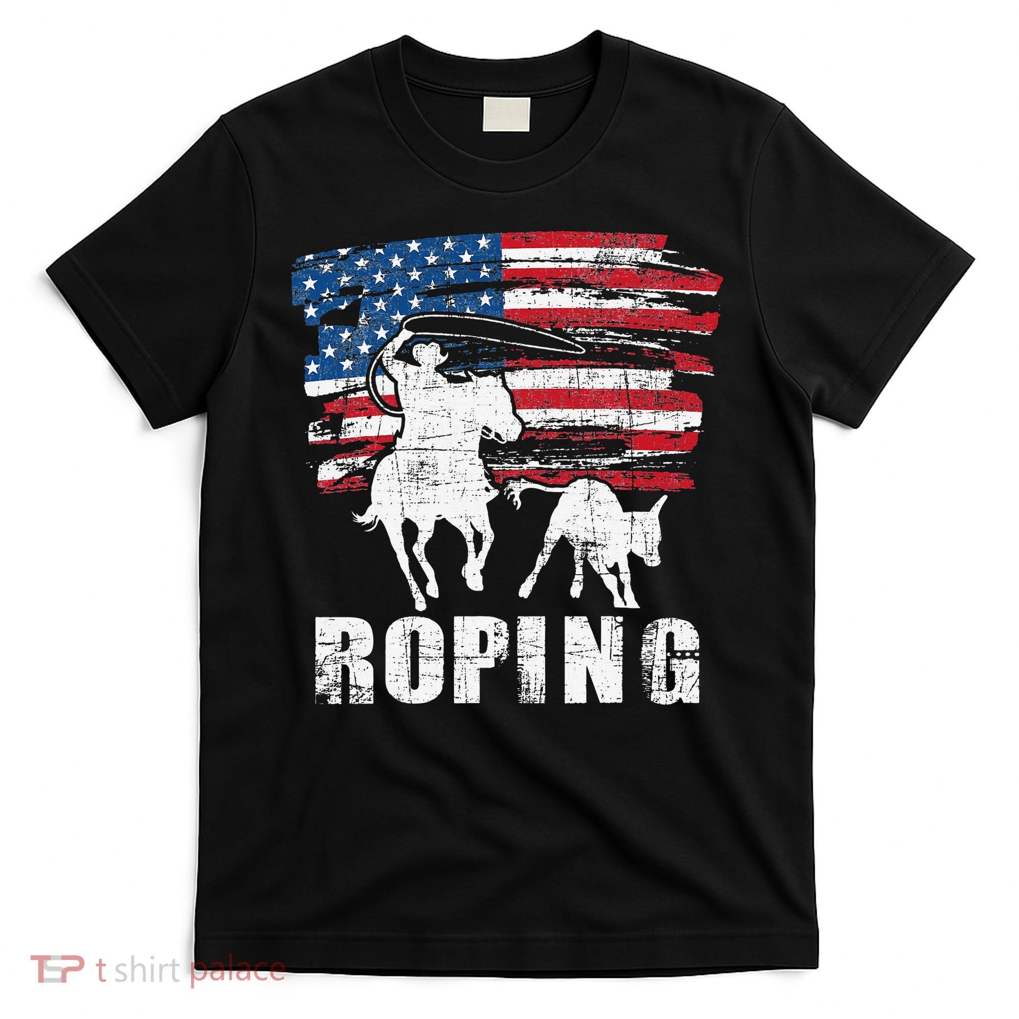 Team Roping Roper Usa American Flag Header Heeler Horse T-Shirt