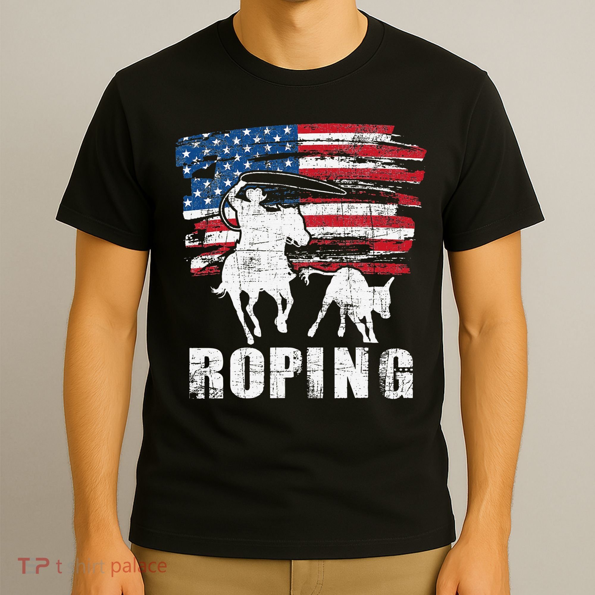 Team Roping Roper Usa American Flag Header Heeler Horse T-Shirt