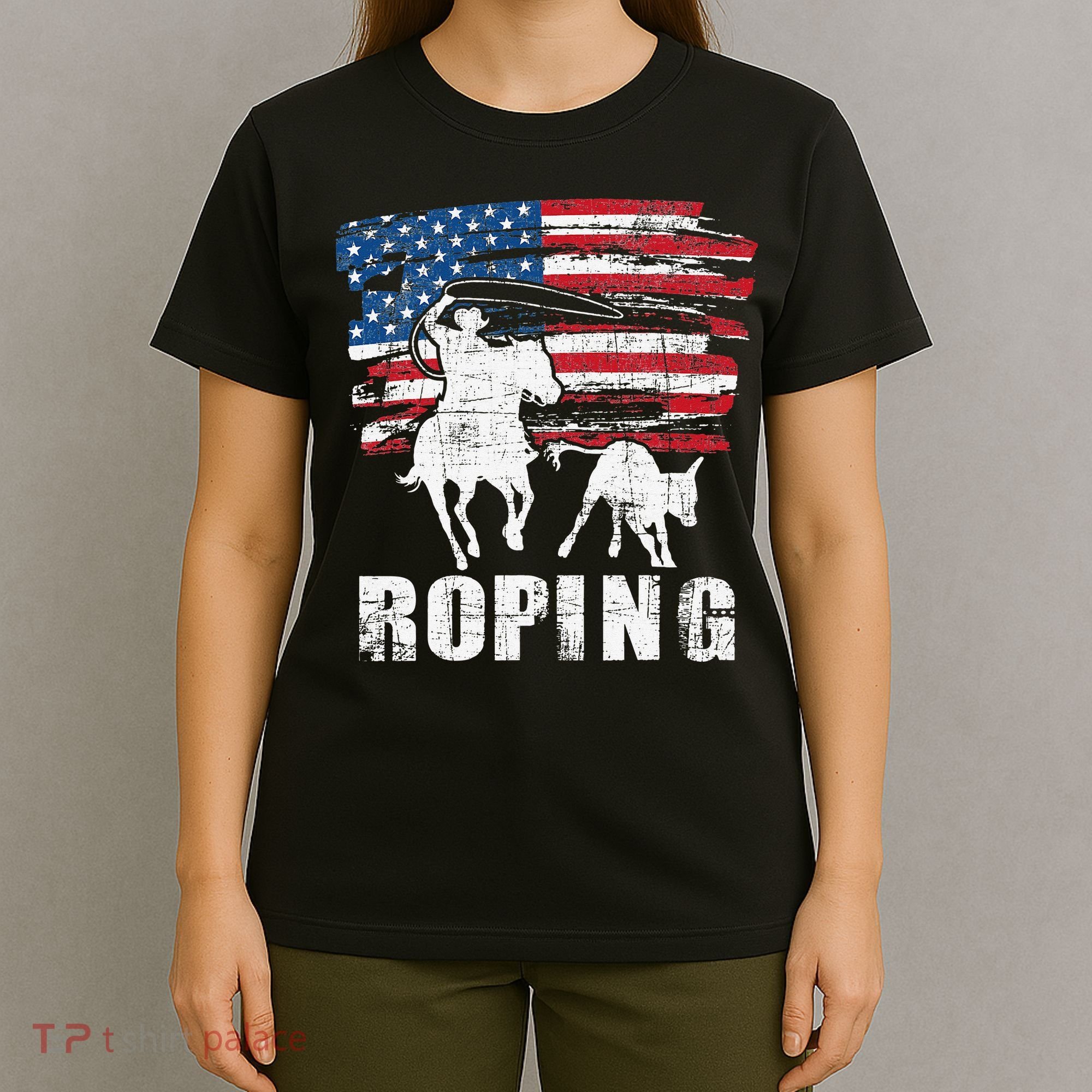 Team Roping Roper Usa American Flag Header Heeler Horse T-Shirt