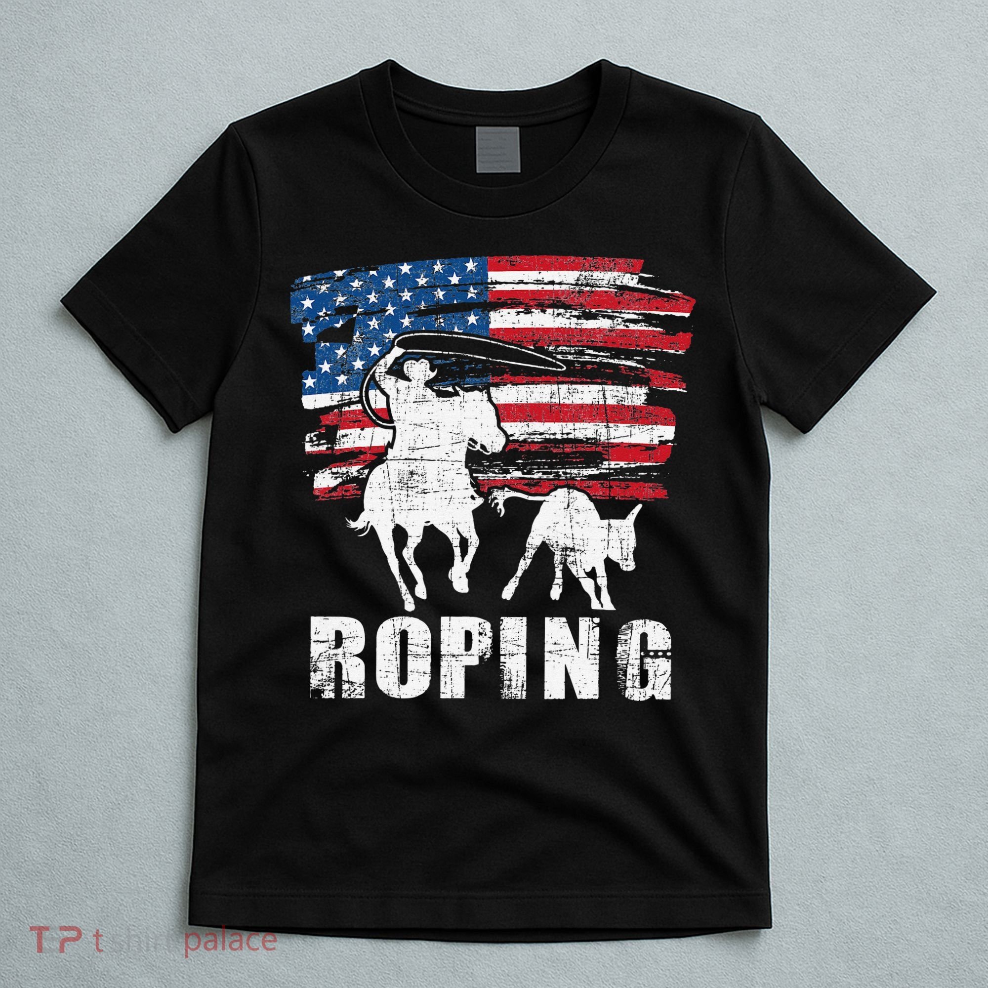 Team Roping Roper Usa American Flag Header Heeler Horse T-Shirt