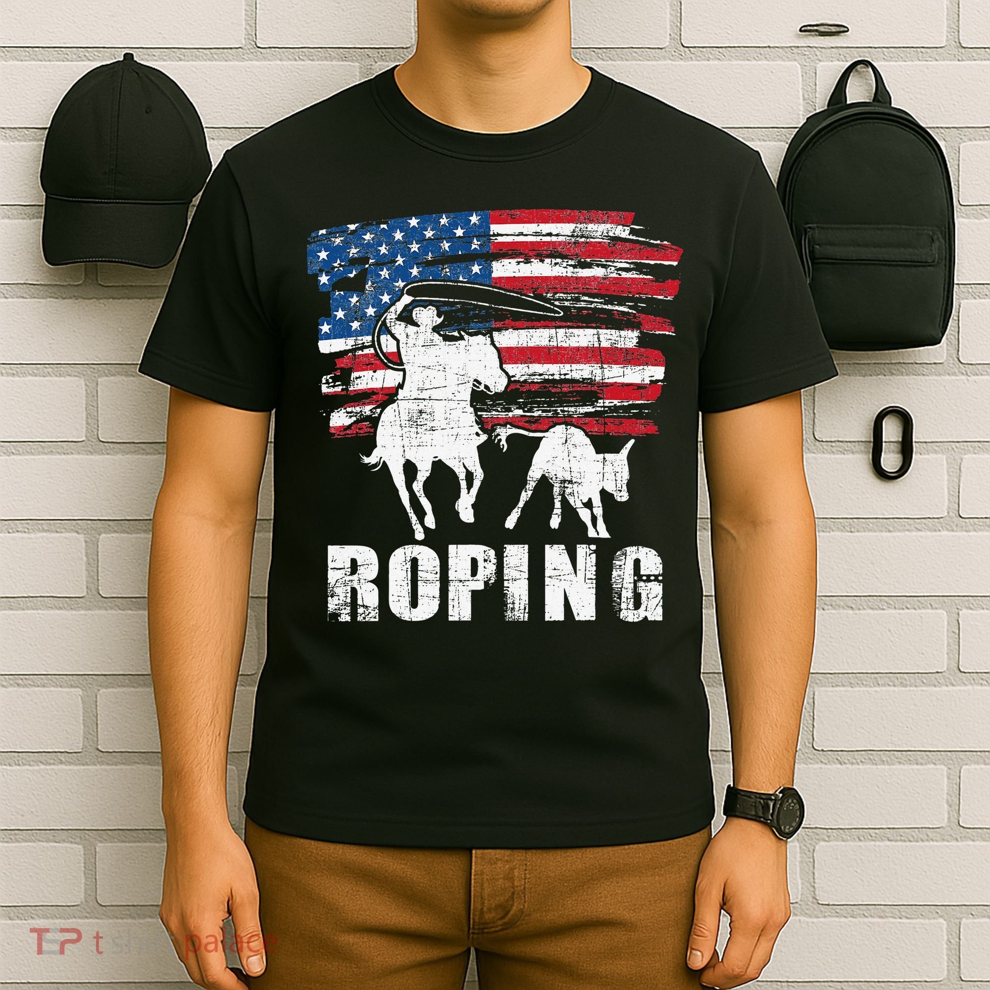 Team Roping Roper Usa American Flag Header Heeler Horse T-Shirt